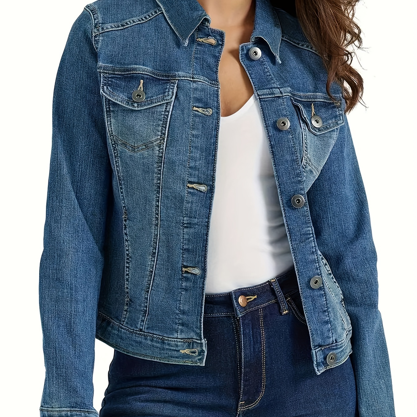 

Plain Washed Blue Long Sleeve Style Denim Jacket, Women's Denim Jeans & Clothing