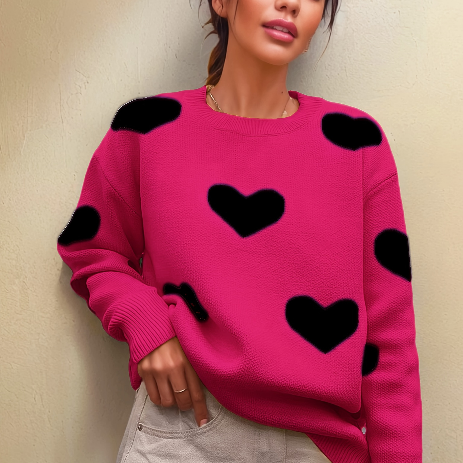 

Chic Heart Pattern Knit Sweater With Cat Ears - Cozy Long Sleeve Pullover For Women, Fall & Winter, Middle Style, Conventional Version, All//all