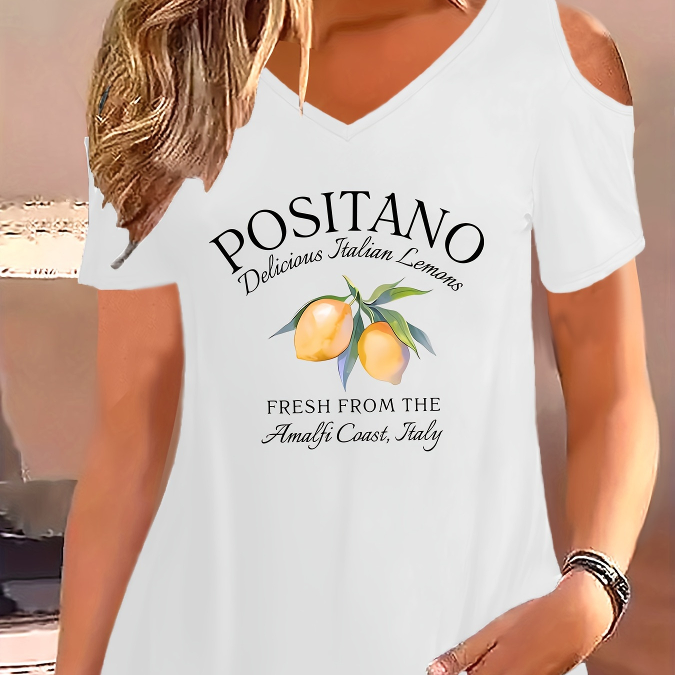 

Lemon Print T-shirt, Short Sleeve V Neck Casual Top For Summer & Spring, Women's Clothing