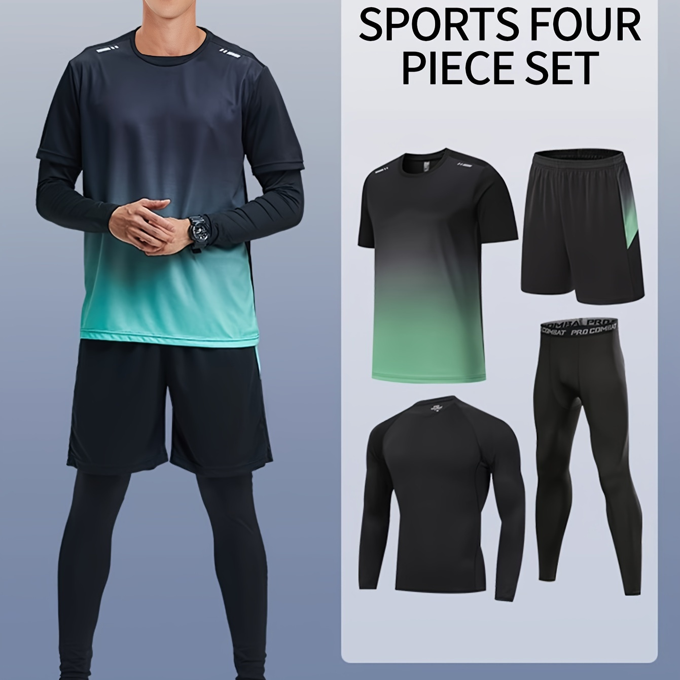 

Men's Sports 4pcs Set, High Stretch Gradient Color T-shirt + Active Shorts + Leggings + Long Sleeve Compression Shirt Matching Set For Running Fitness
