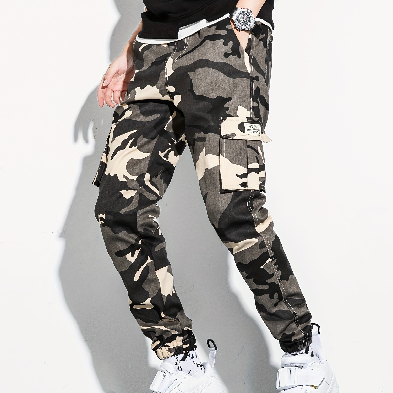 Camouflage Element, Men's Flap Pocket Cargo Pants, Slim Fit Trendy Jogger Pants