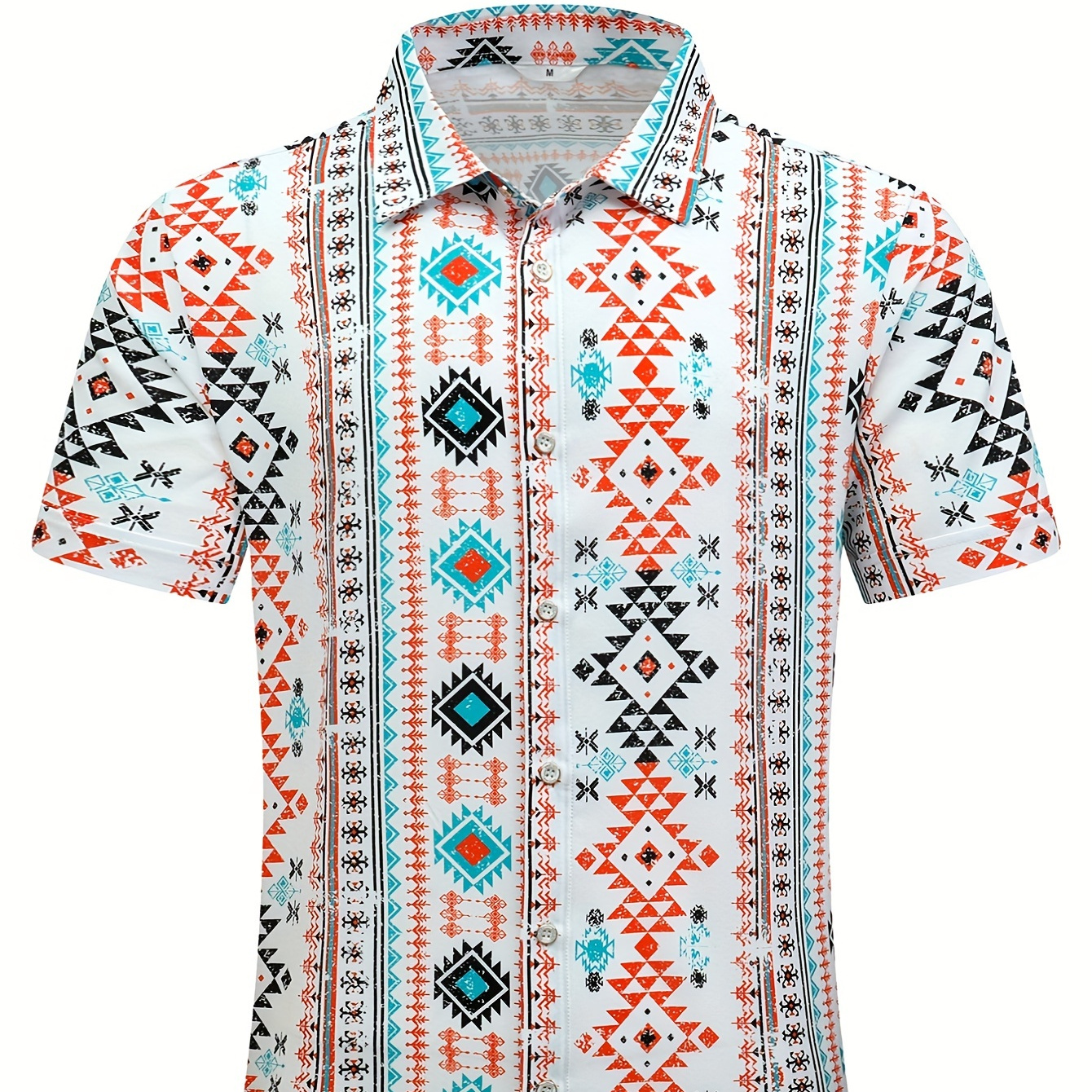 

Men's Hawaiian Shirt, Geometric Print Casual Summer Beach Short Sleeve Button Up Lapel Vacation Shirt