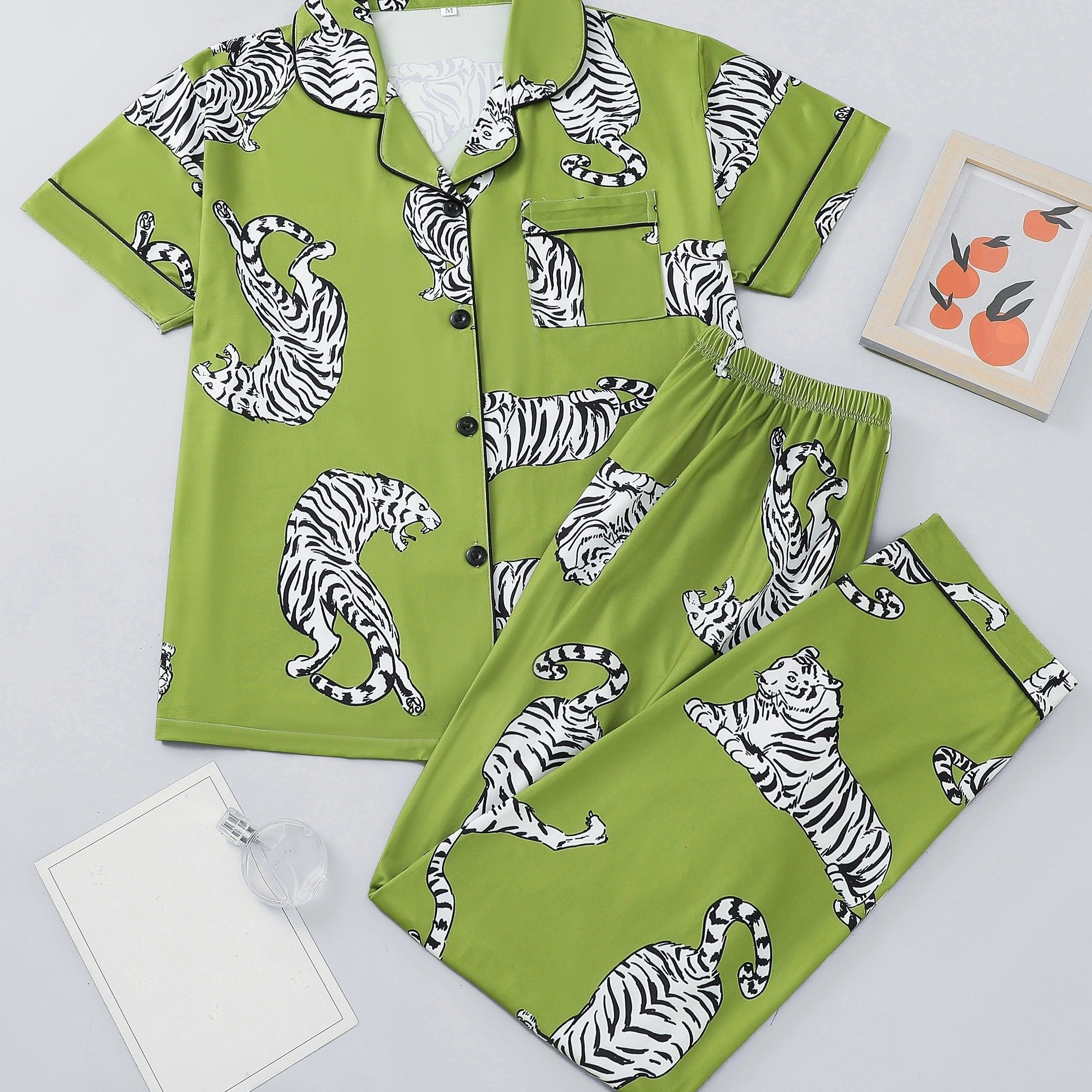 

Casual Lion Print Pajama Set, Short Sleeve Button Up Lapel Collar Top & Pants, Women's Loungewear & Sleepwear