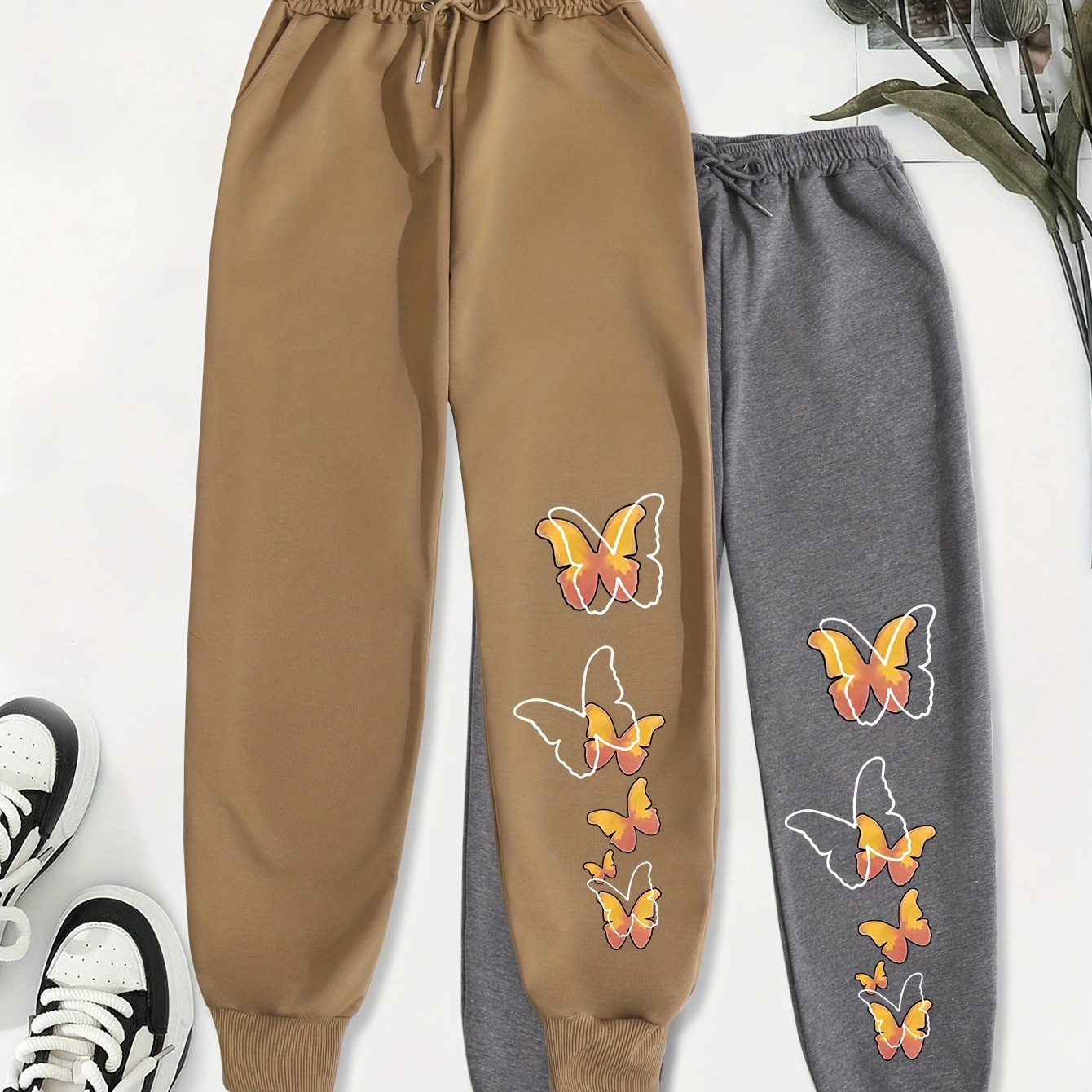 

Butterfly Print Jogger Sweatpants 2 Pack, Casual Drawstring Sporty Pants, Women's Clothing