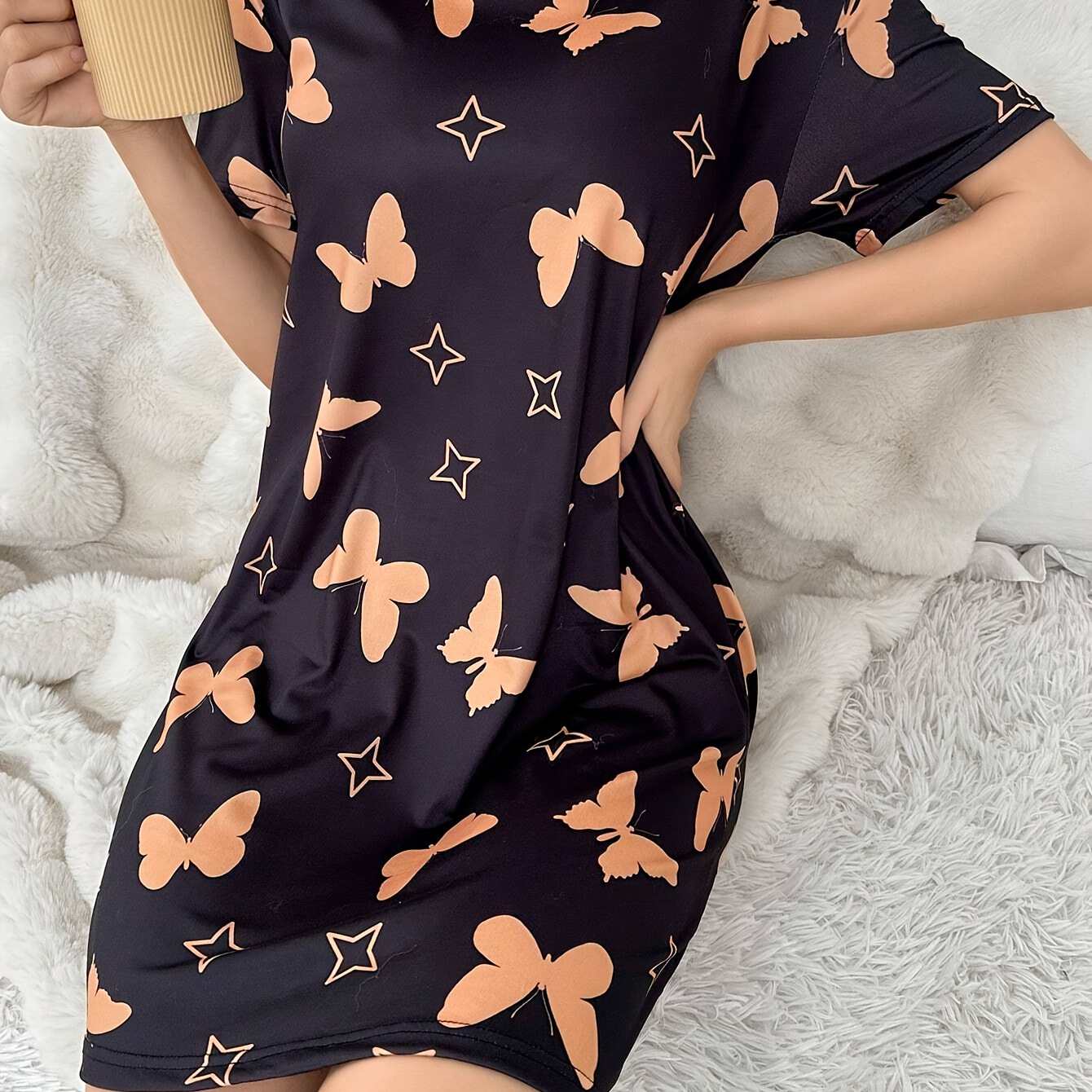 

Butterfly Print Nightgown, Casual Short Sleeve Round Neck Loose Fit Tee Dress, Women's Sleepwear