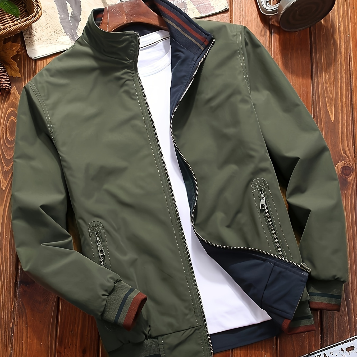

Men's Reversible Casual Stand Collar Fashion Zip Up Jacket, Spring & Autumn Comfy Jacket