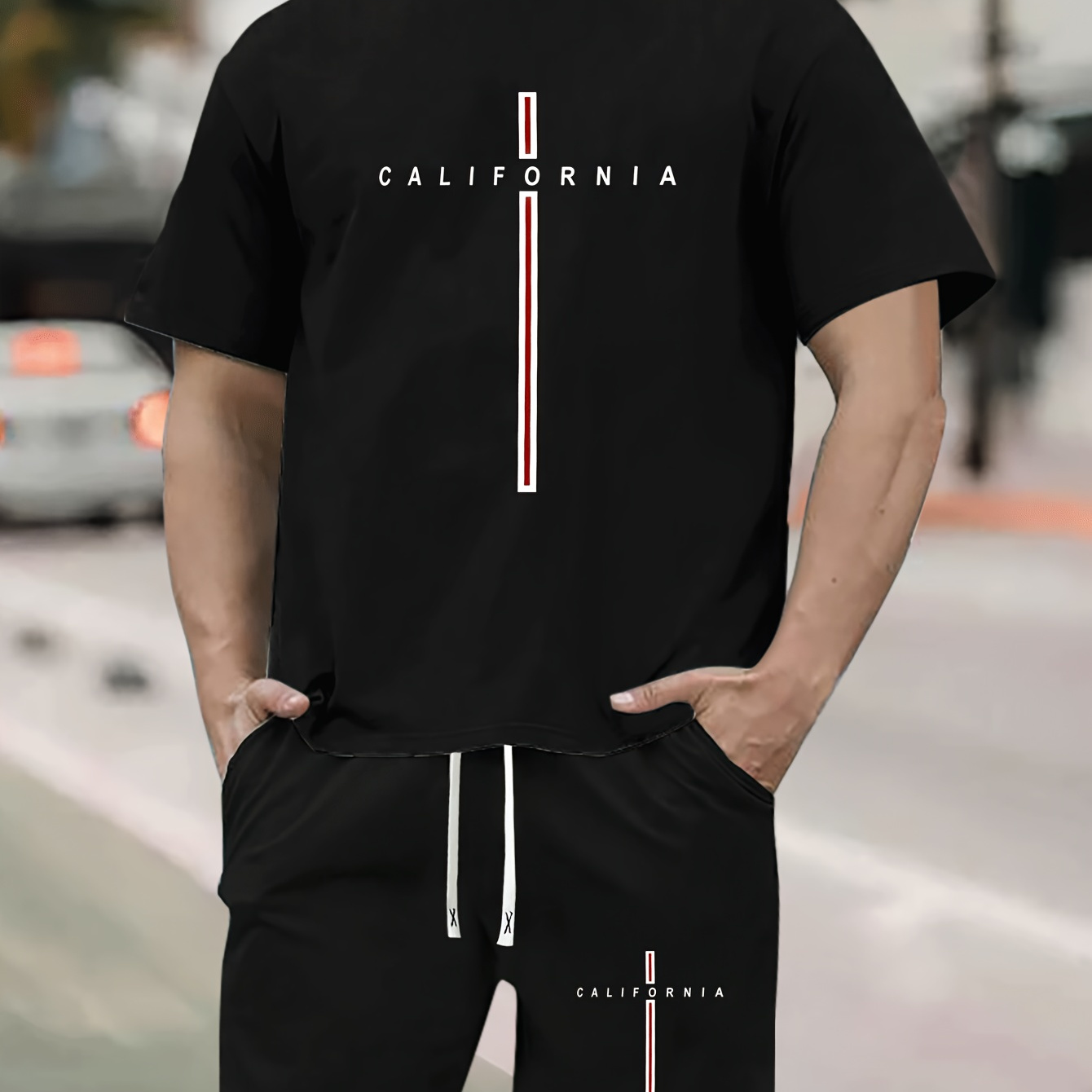 

California Letter Print Men's 2 Piece Set, Short Sleeve T-shirt & Drawstring Shorts, Summer Trendy Casual Versatile Sweatsuits For Daily Outdoor Sports