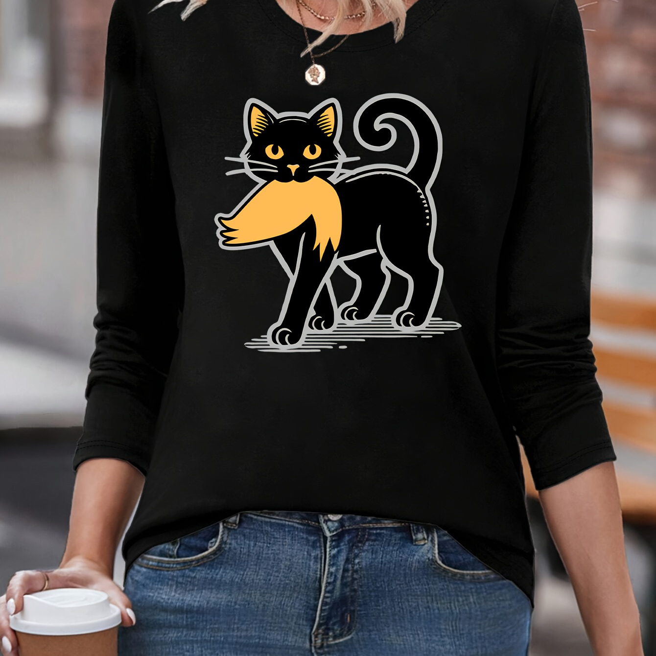 

Women's Long Sleeve Cotton T-shirt With Black Cat Print - Casual Crew Neck Knit Top For All Seasons