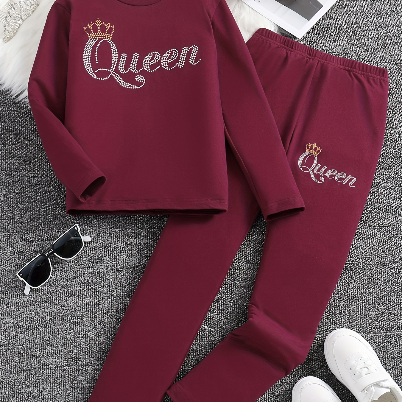 2pcs Girl's QUEEN Print Outfit, Long Sleeve Top & Pants Set, Artificial Diamond Decor, Kid's Clothes For Spring Fall