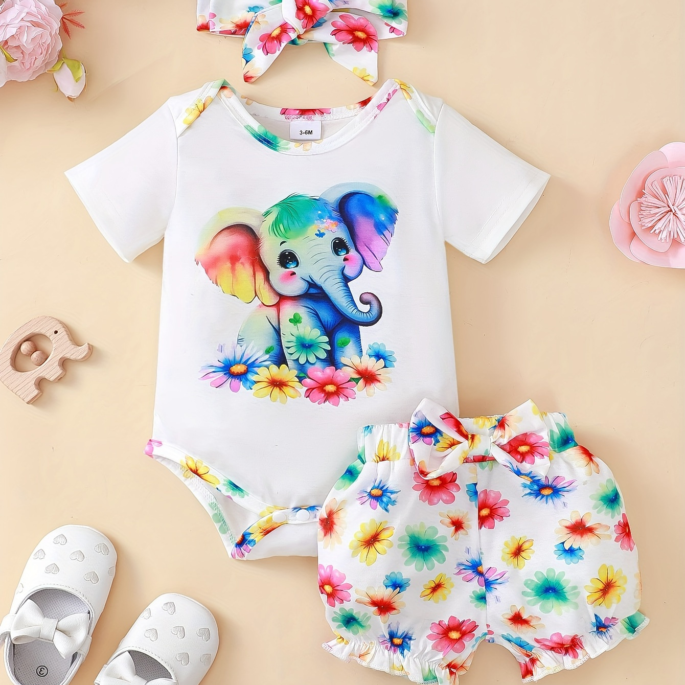 

Baby's Colorful Elephant Print 2pcs Casual Summer Outfit, Triangle Bodysuit & Flower Pattern Shorts Set, Toddler & Infant Girl's Clothes For Daily/holiday/party