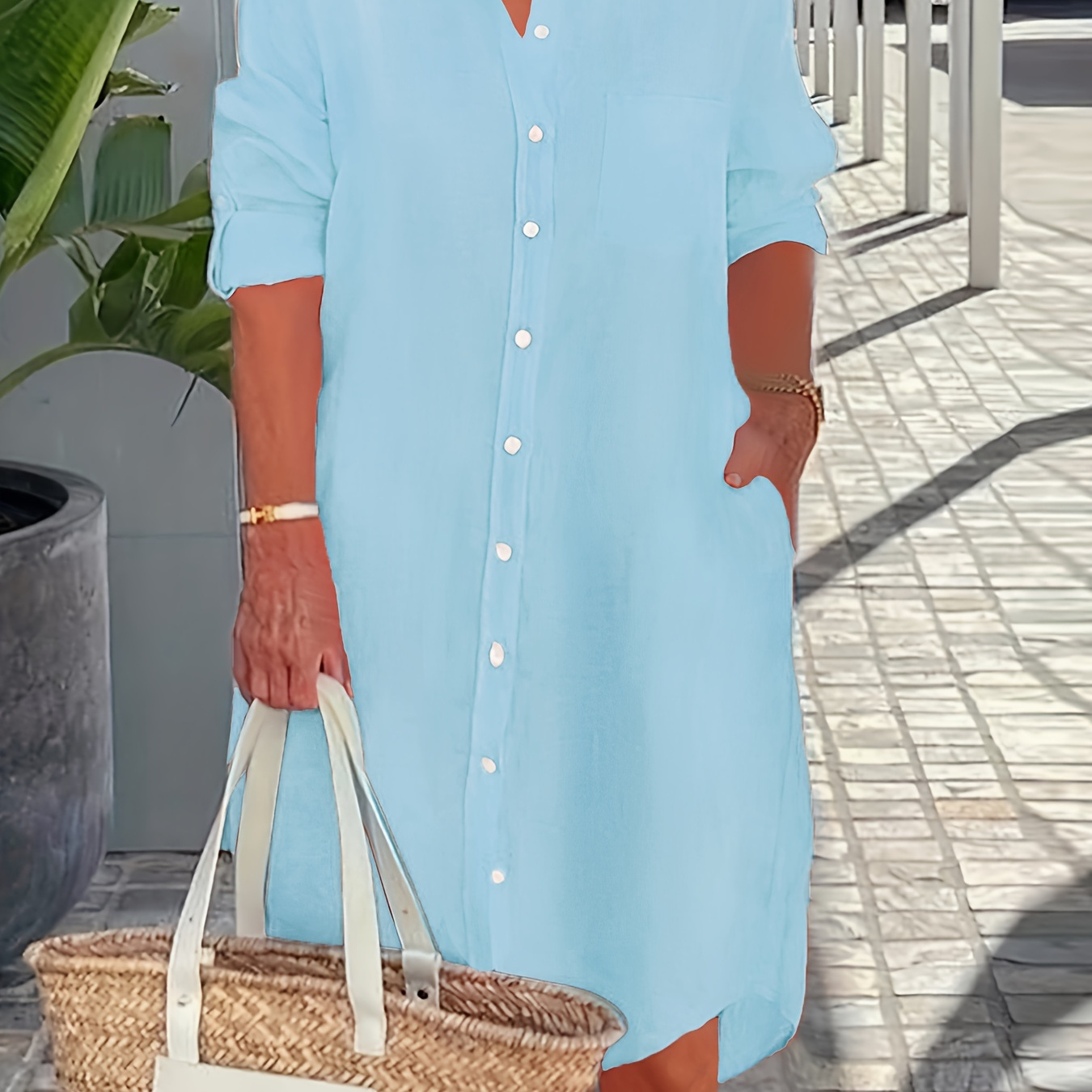 

Plus Size Casual Dress, Women's Plus Solid Button Up Roll Up Sleeve Turn Down Collar Shirt Dress With Pockets