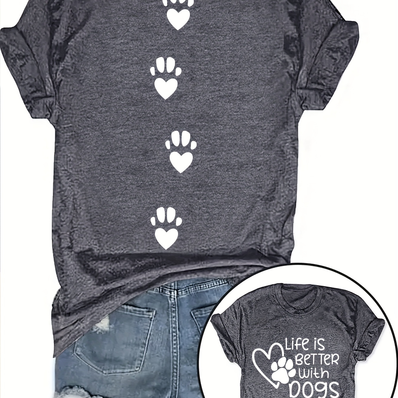 

Plus Size Paws Print T-shirt, Casual Crew Neck Short Sleeve T-shirt For Spring & Summer, Women's Plus Size Clothing
