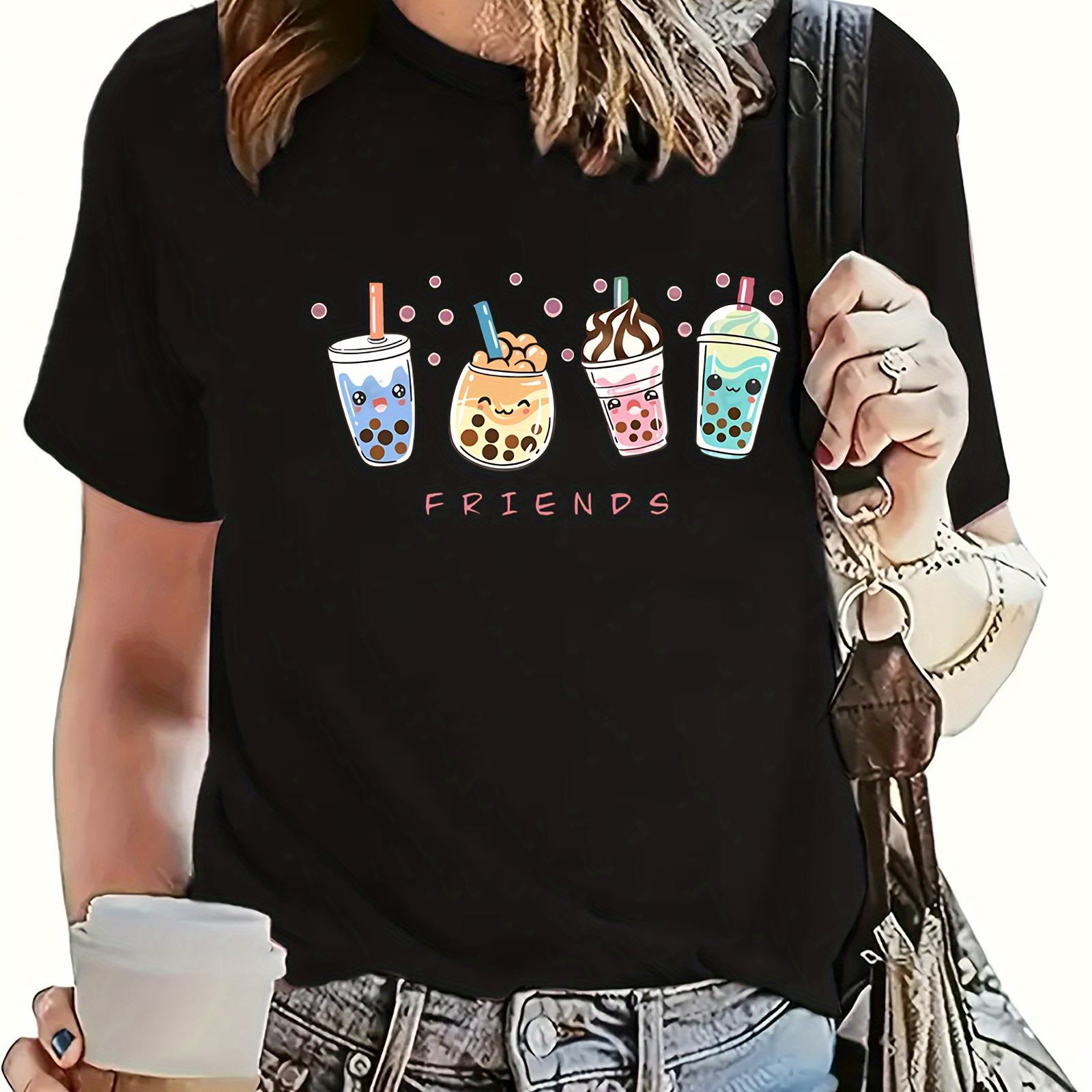 

Women's Casual Round Neck Short Sleeve T-shirt With Bubble Tea Print, Polyester Knit Fabric, All-season Comfort, Fashion Trendy Print Design