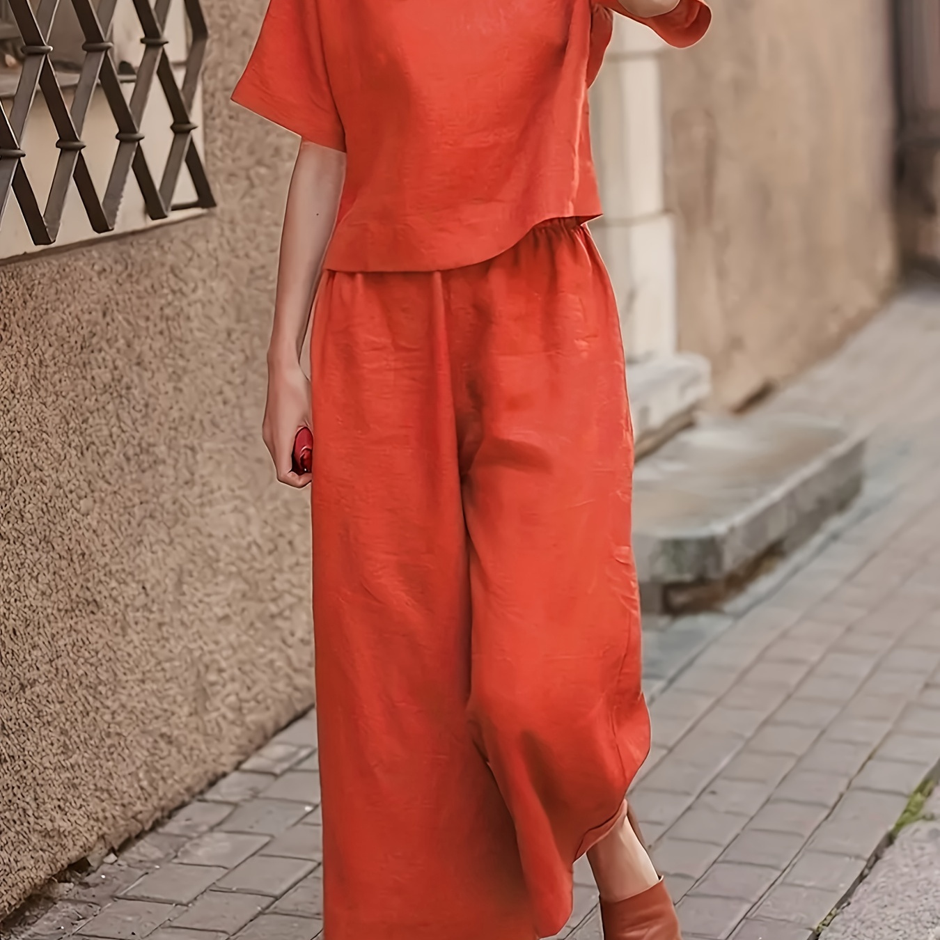 

Solid Two-piece Set, Crew Neck Casual T-shirt & Wide Leg Pants, Women's Clothing