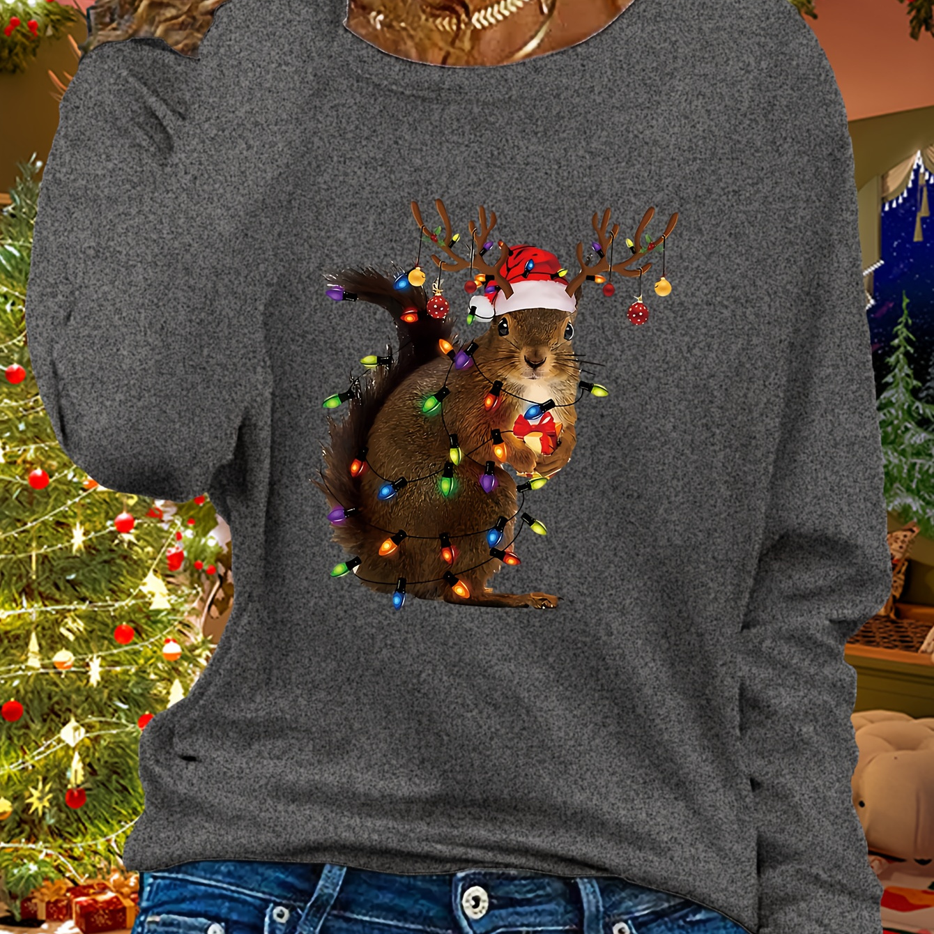 

Women's Long Sleeve T-shirt, Crew Neck Casual Polyester Top For Spring & Fall, Christmas, T-shirt