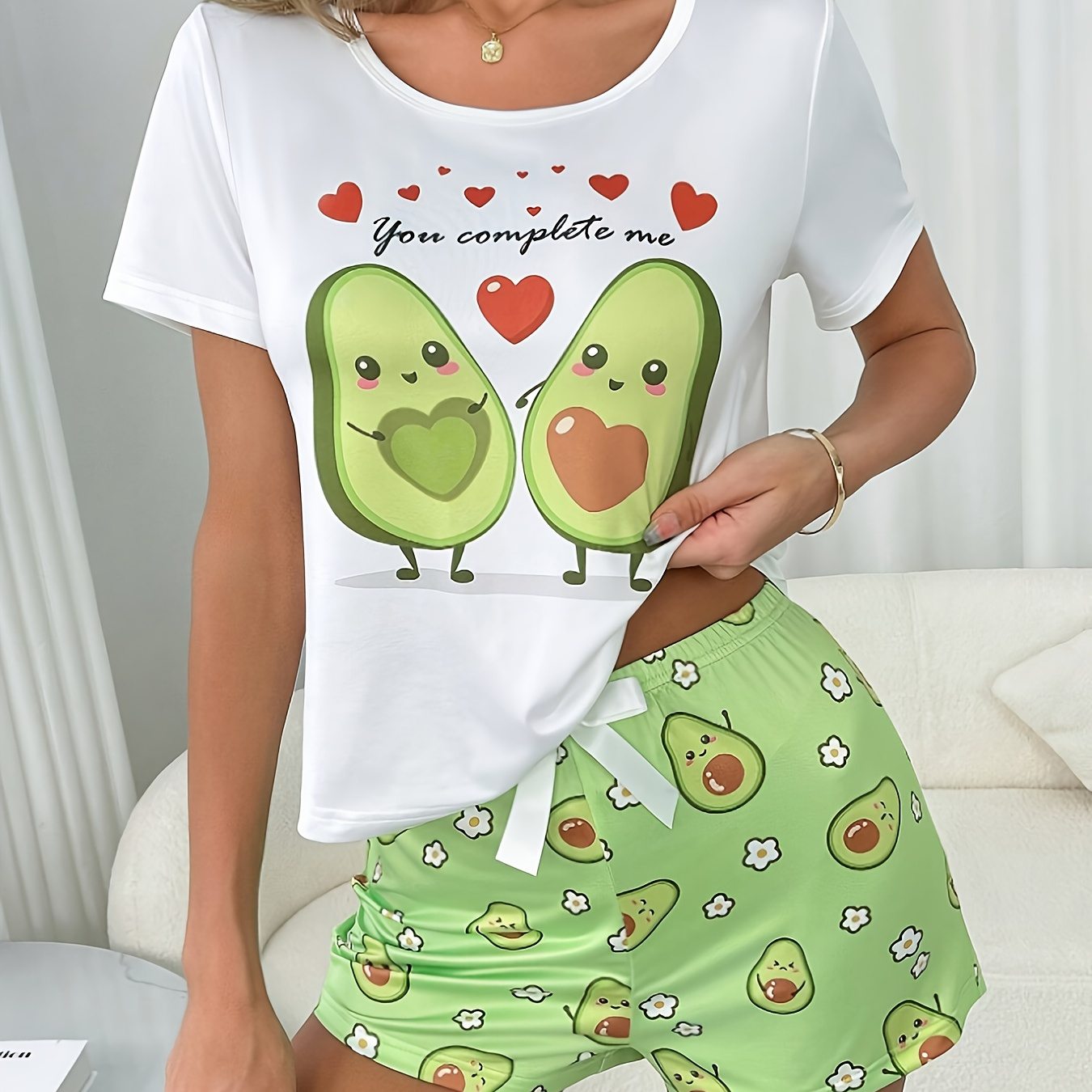 

Women's Cute Avocado Heart Print Pajama Set - Polyester Knit Fabric Sleepwear With Crew Neck Top And Shorts, Stretchy Set With Adorable Graphic, Casual Cozy Nightwear