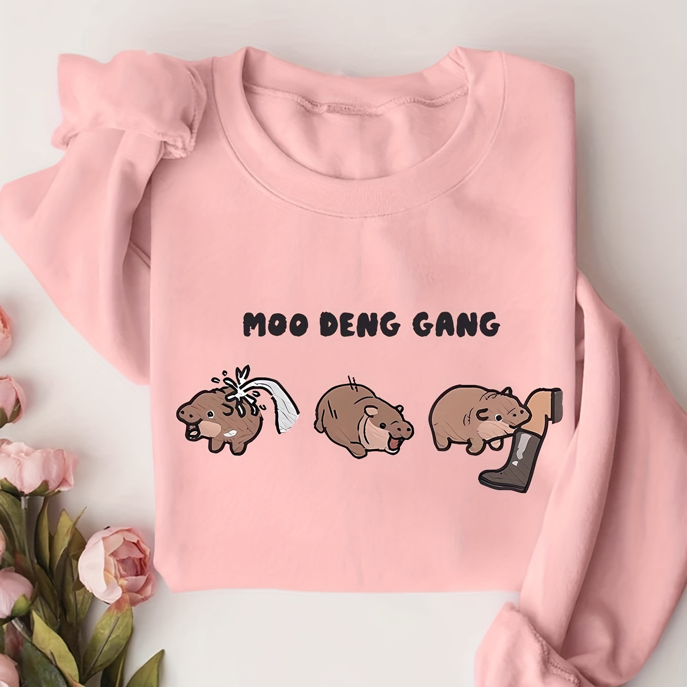 

Women's Moo Print Sweatshirt, Casual Round Neck Pullover For Autumn/winter, Cartoon Animal Graphic, Polyester Knit Fabric, Fashion Hoodie