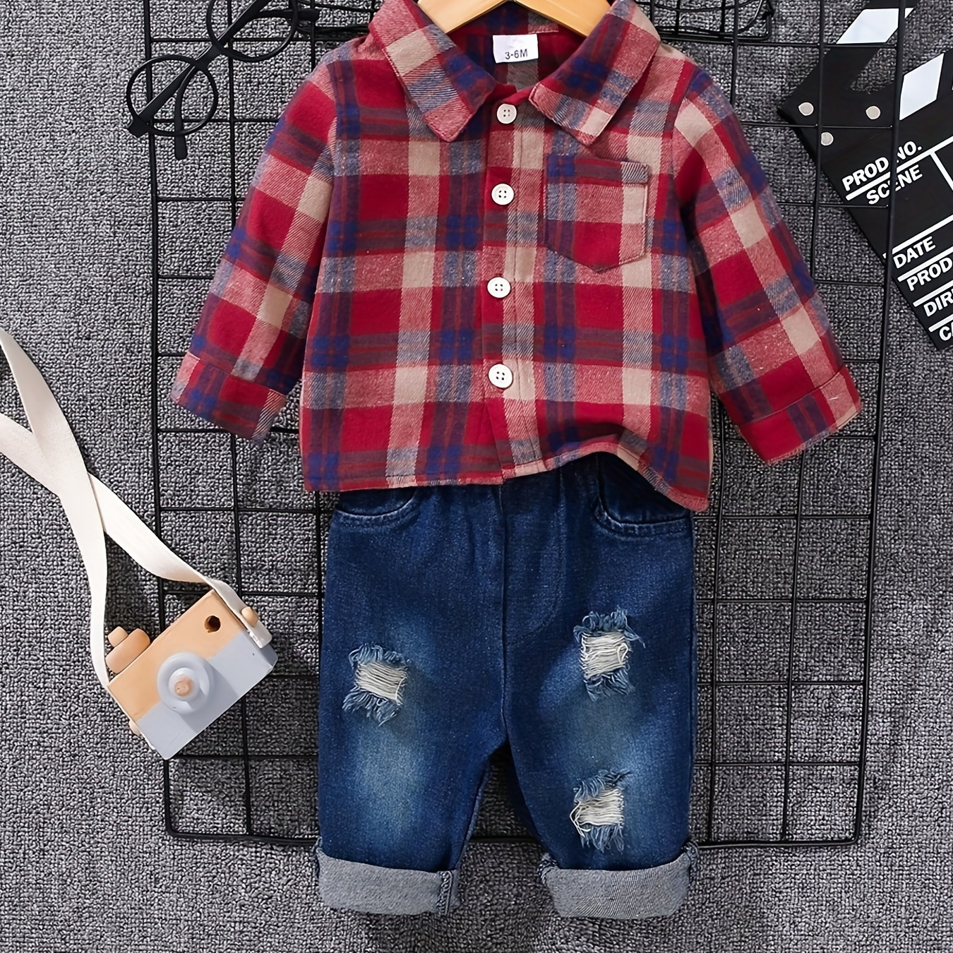 

Trendy & Stylish Kids Outfit - Lapel Button Down Shirt + Ripped Denim Jeans Little Boys & Girls Suit