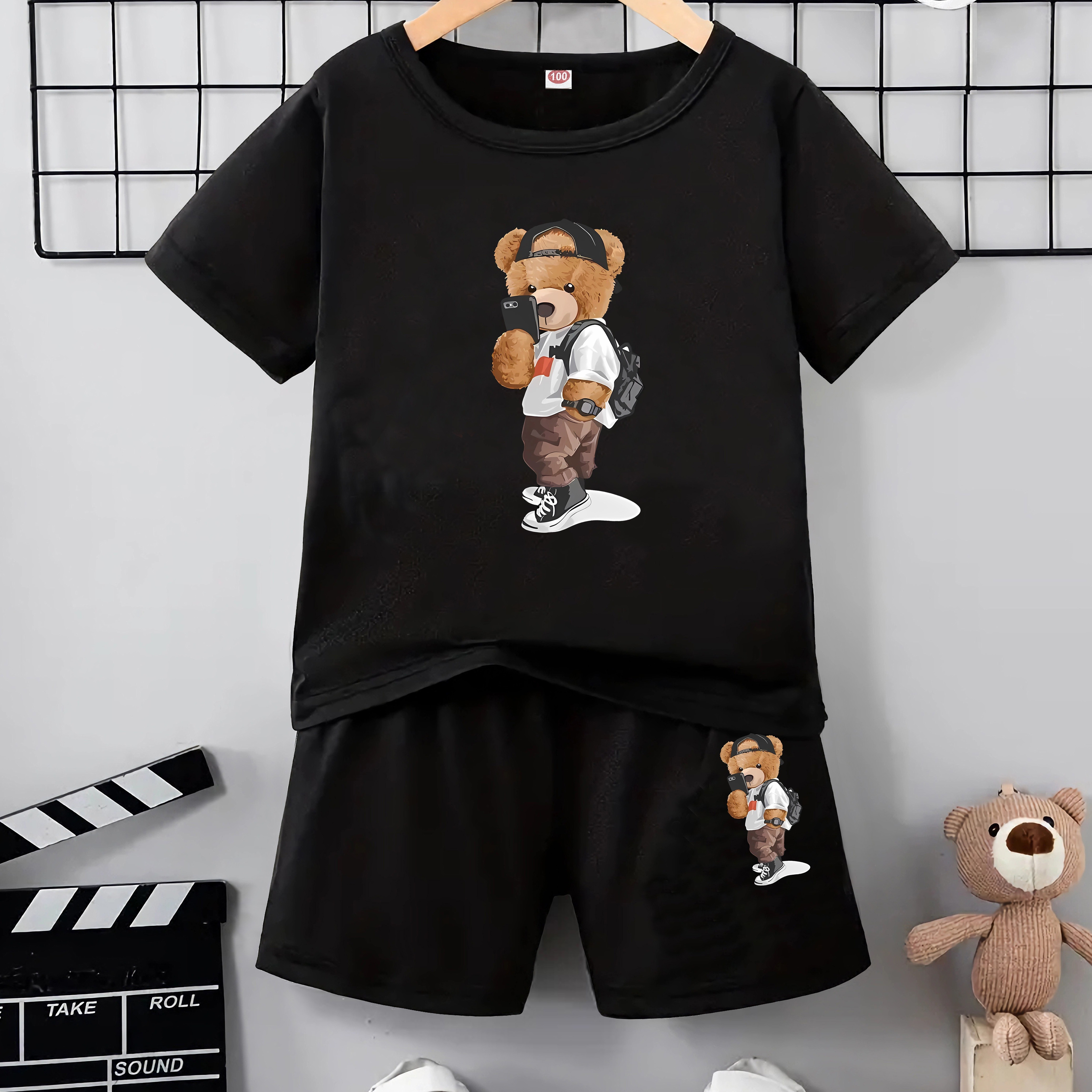 

2pcs Boys Casual Selfie Graphic Print Short Sleeve T-shirt & Shorts Set, Comfy Summer Boys Clothes