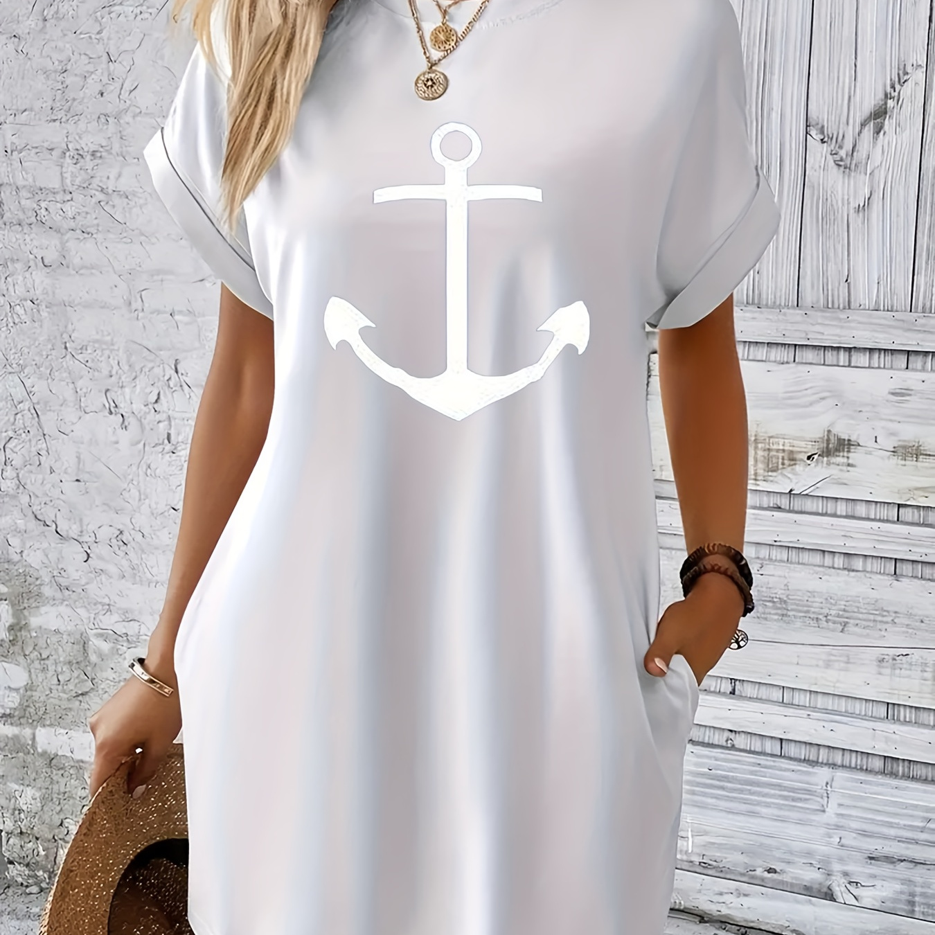 

Anchor Print Tee Dress, Short Sleeve Crew Neck Casual Dress For Summer & Spring, Women's Clothing