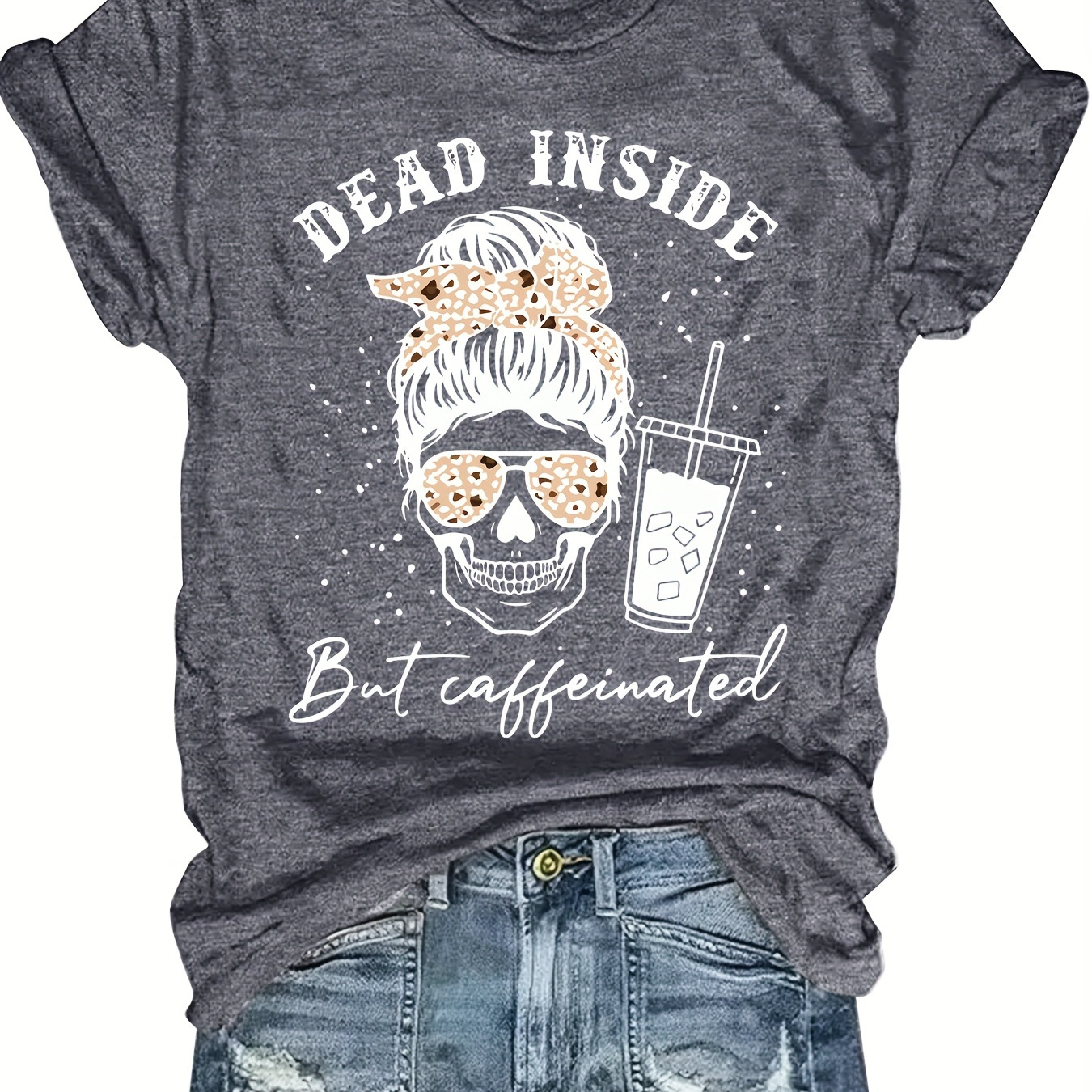 

Plus Size Skull & Drink Print T-shirt, Casual Short Sleeve Top For Spring & Summer, Women's Plus Size Clothing