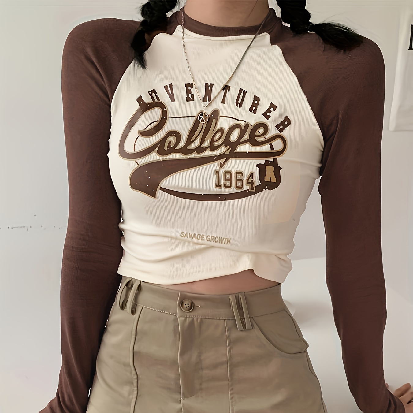 

Letter Print Raglan Sleeve Tee, Y2k Crew Neck Crop Tee For Spring & Summer, Women's Clothing