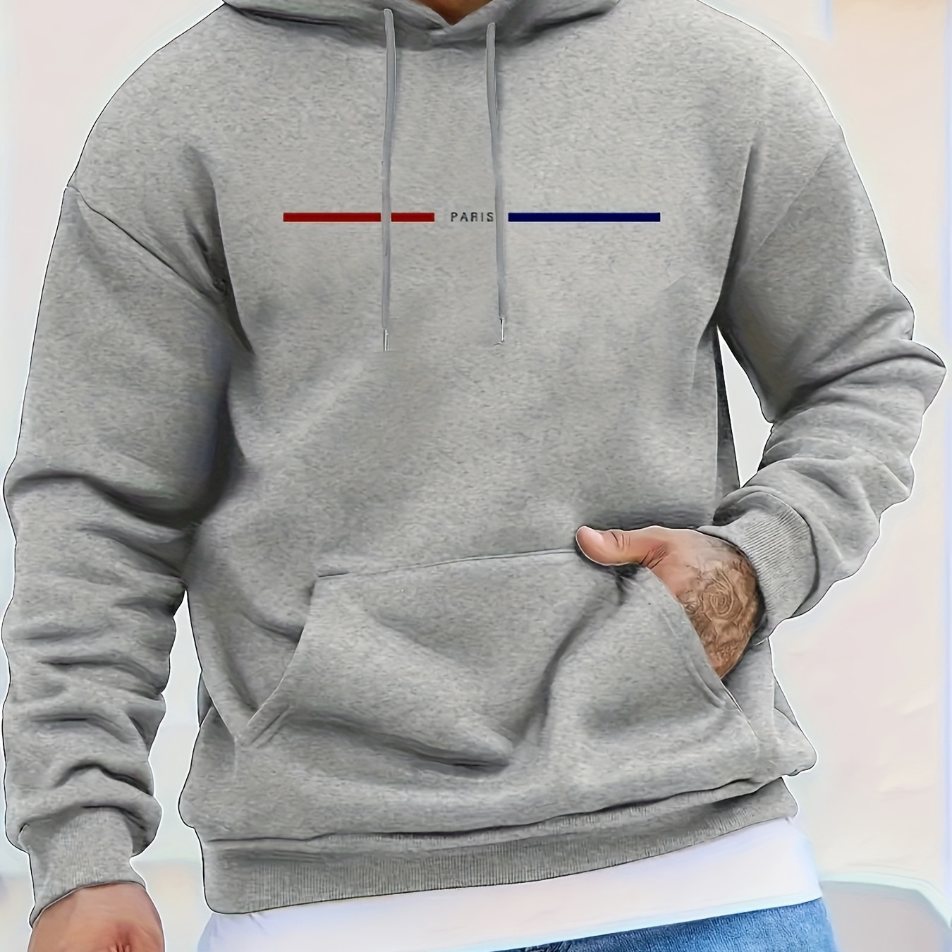 

Fashion Paris With Colored Bars Print Men's Drawstring Hoodie With Kangaroo Pocket Design, Versatile Regular Fit Top For Daily Wear, Best Fall & Winter Choice