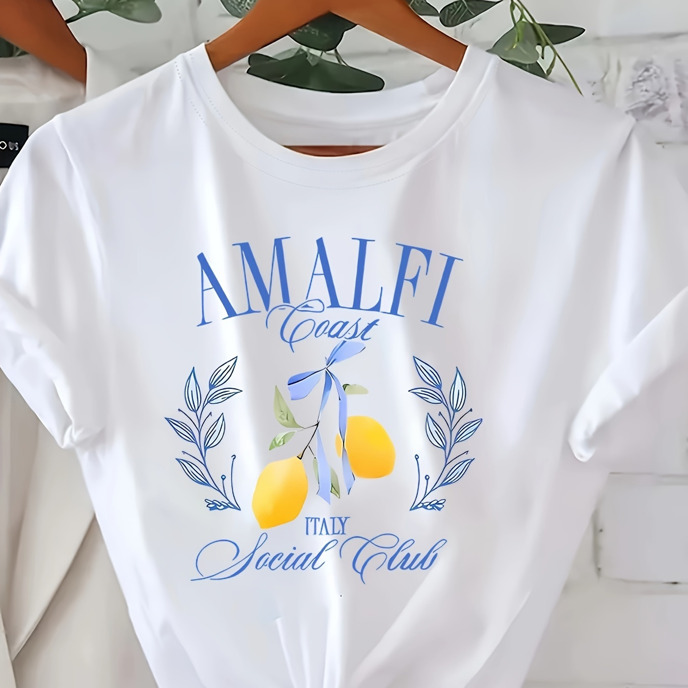 

Amalfi Italy Lemon Print T-shirt, Casual Crew Neck Short Sleeve Top For , Women's Clothing