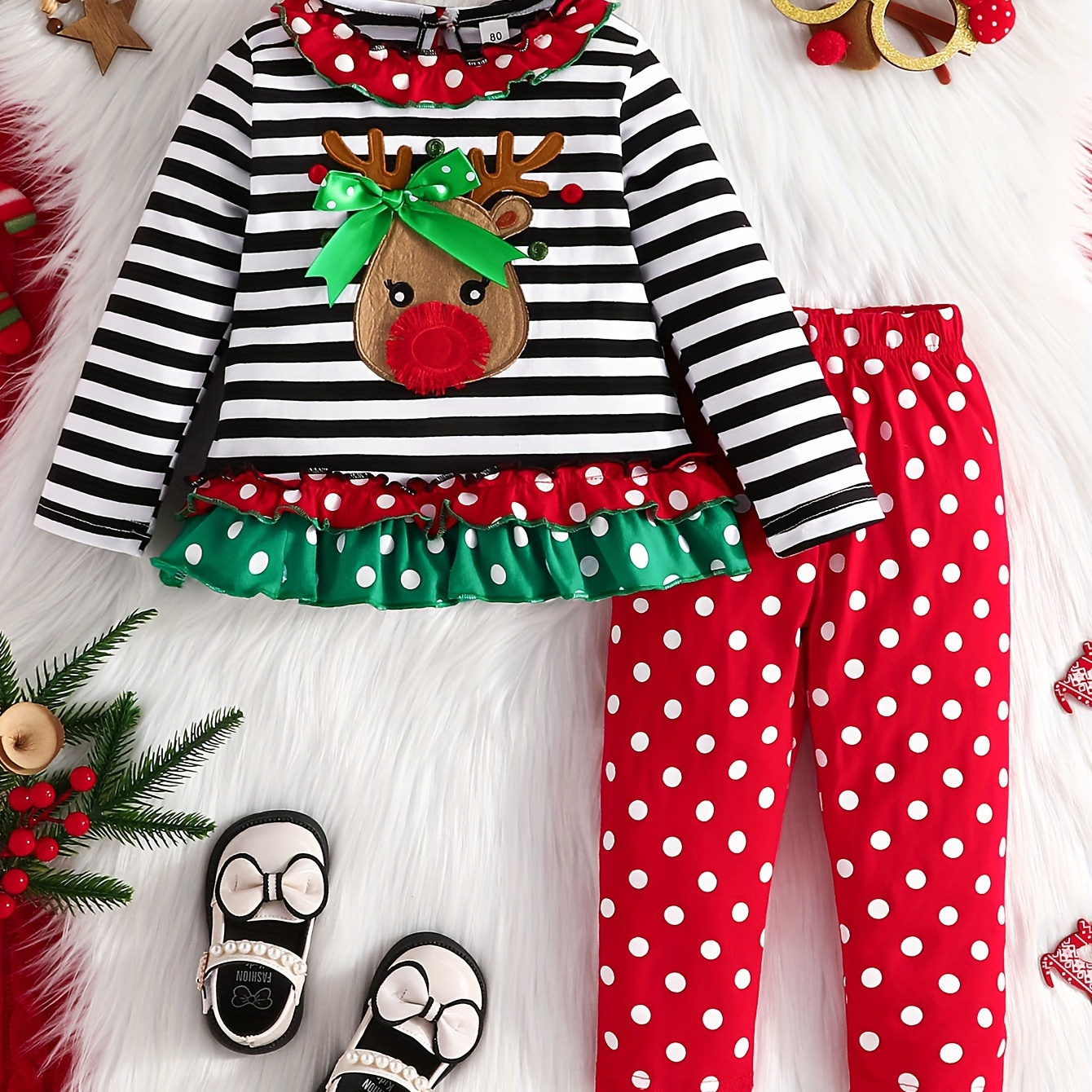 

Christmas Outfit, Toddler Infant Baby Girls Cute Elk Print Striped Long-sleeved T-shirt + Polka Dot Pants Set