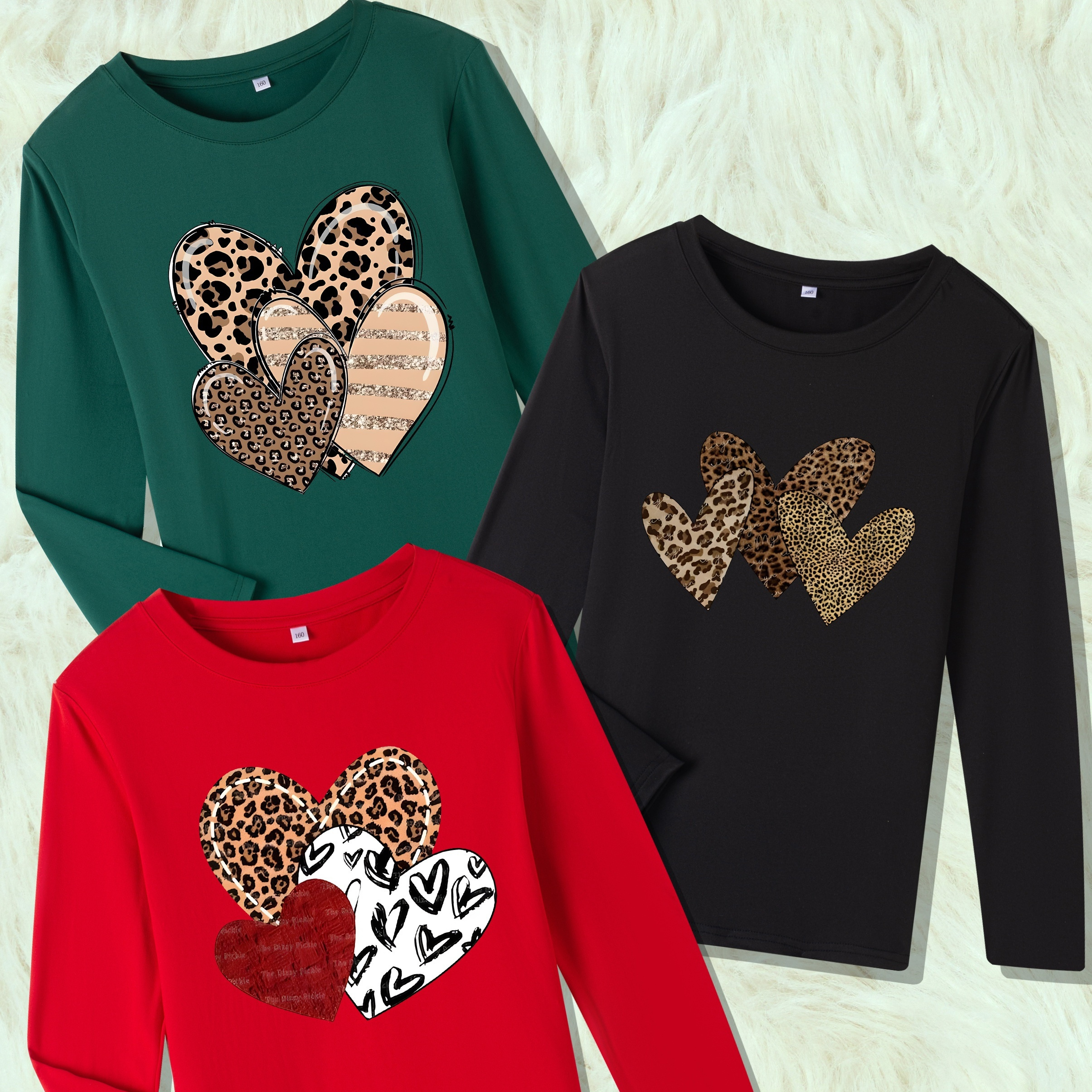 

3pcs, Long Sleeve T-shirts For Girls, Trendy Leopard Print Hearts, Comfy Stylish Bottoming Crewneck Tee Tops, Perfect Gifts, All Fashion