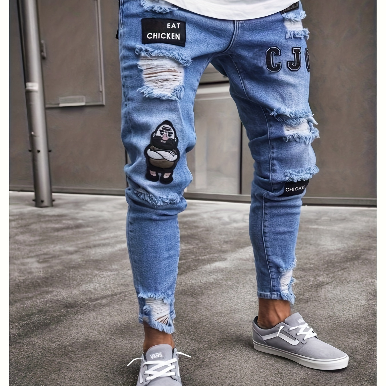 

Pantalon skinny déchiré en denim pour homme avec imprimé lettres de , vie quotidienne en , jean décontracté tendance