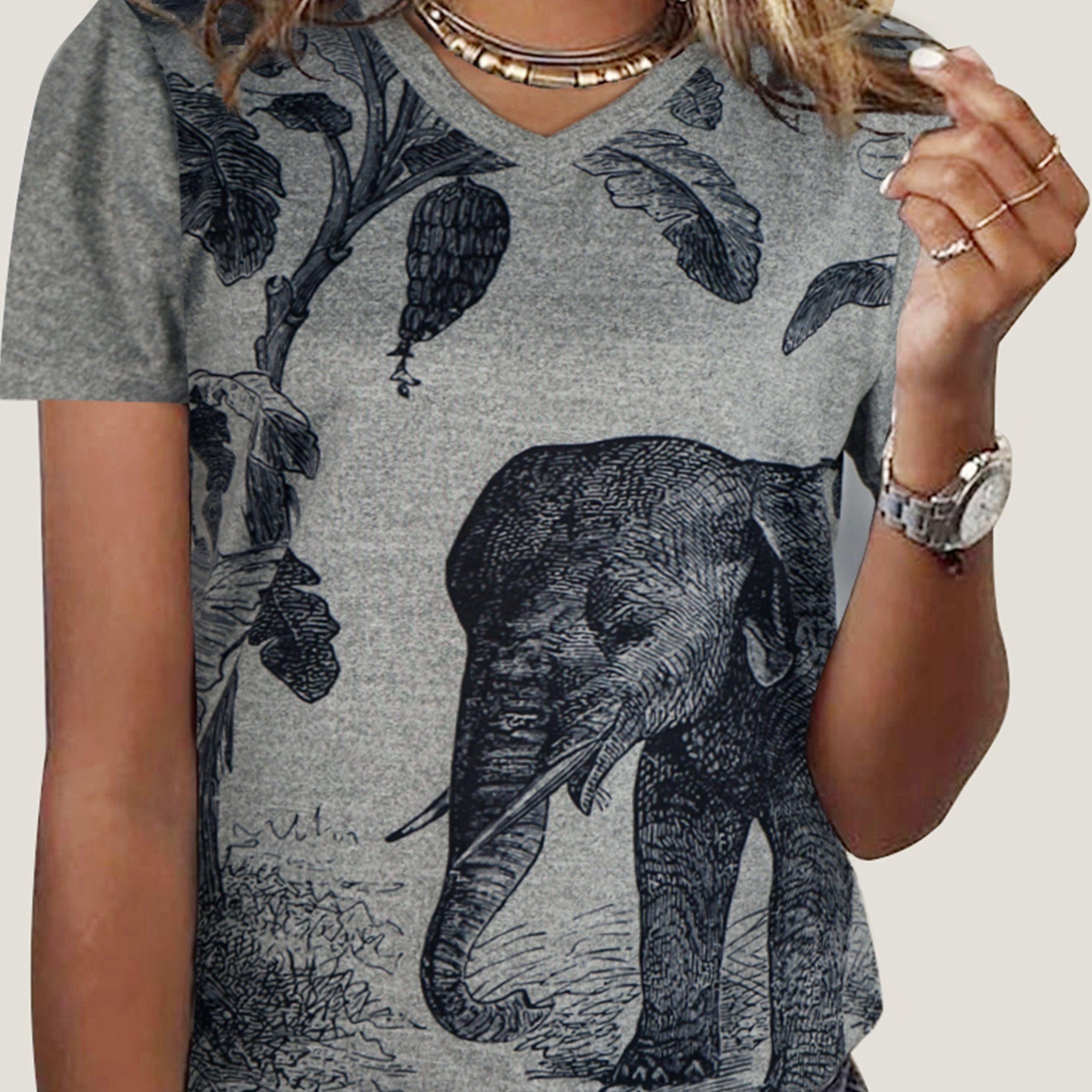

Elephant Print V Neck T-shirt, Short Sleeve Casual Top For Summer & Spring, Women's Clothing