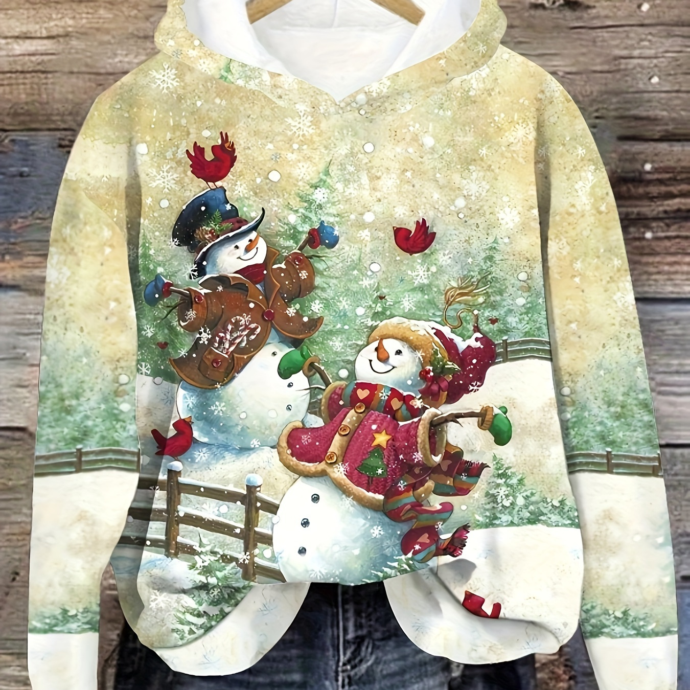 

Women's Christmas Snowman Print Hoodie, Casual Polyester Pullover With Long Sleeves, Holiday Sweatshirt For All