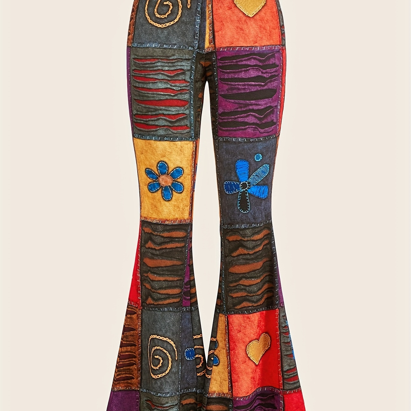 

Patchwork Print Flare Leg Pants, Vintage High Waist Slim Pants For Spring & Fall, Women's Clothing