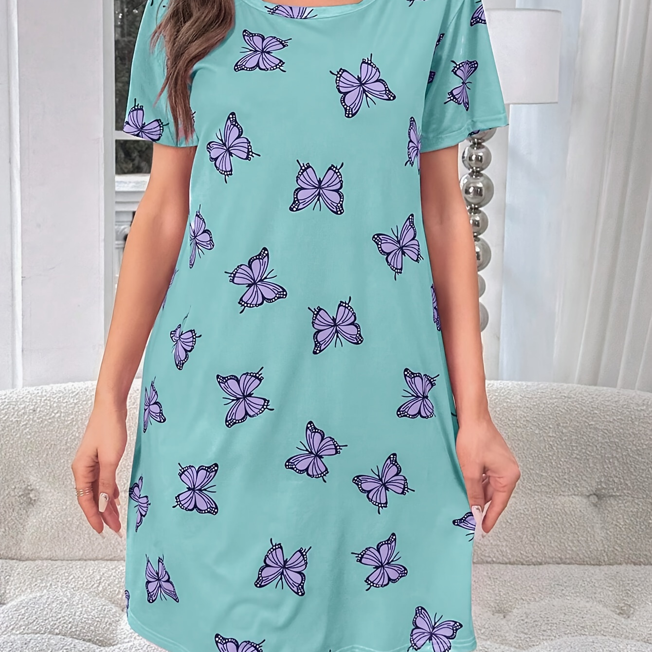 

Casual Butterfly Print Nightdress, Short Sleeve Round Neck Tee Sleep Dress, Women's Sleepwear & Dresses