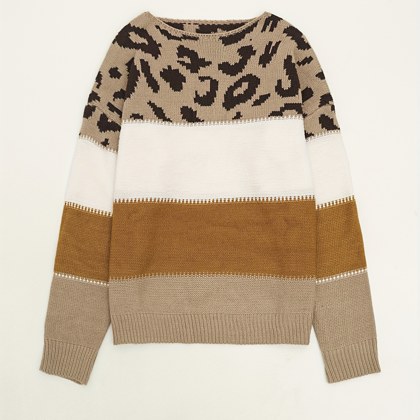 

Chic Women's Casual Color Block Leopard Print Sweater - Round Neck, Long Sleeve Knit Pullover In Beige & Brown, Soft Acrylic, Fall/winter, Casual Winter Wear|trendy Pullover|stretch Knitwear