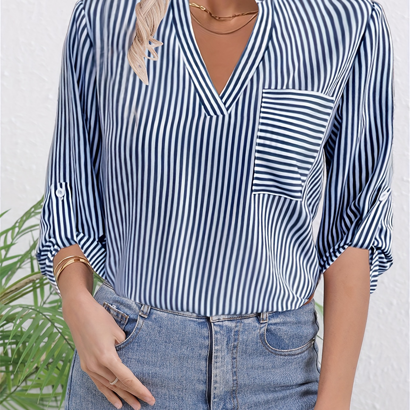 

Stripe Print V Neck Blouse, Casual Long Sleeve Blouse For Spring & Fall, Women's Clothing