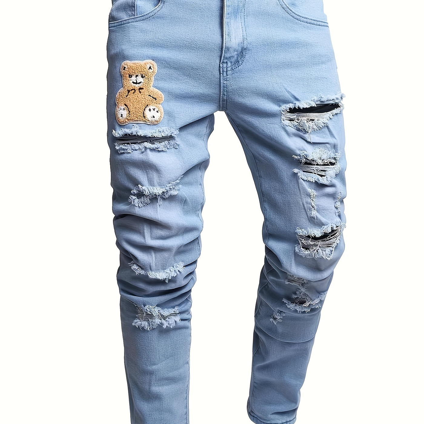 

Slim Fit Toy Bear Pattern Ripped Jeans, Men's Casual Mid Stretch Chic Denim Pants For Spring Summer