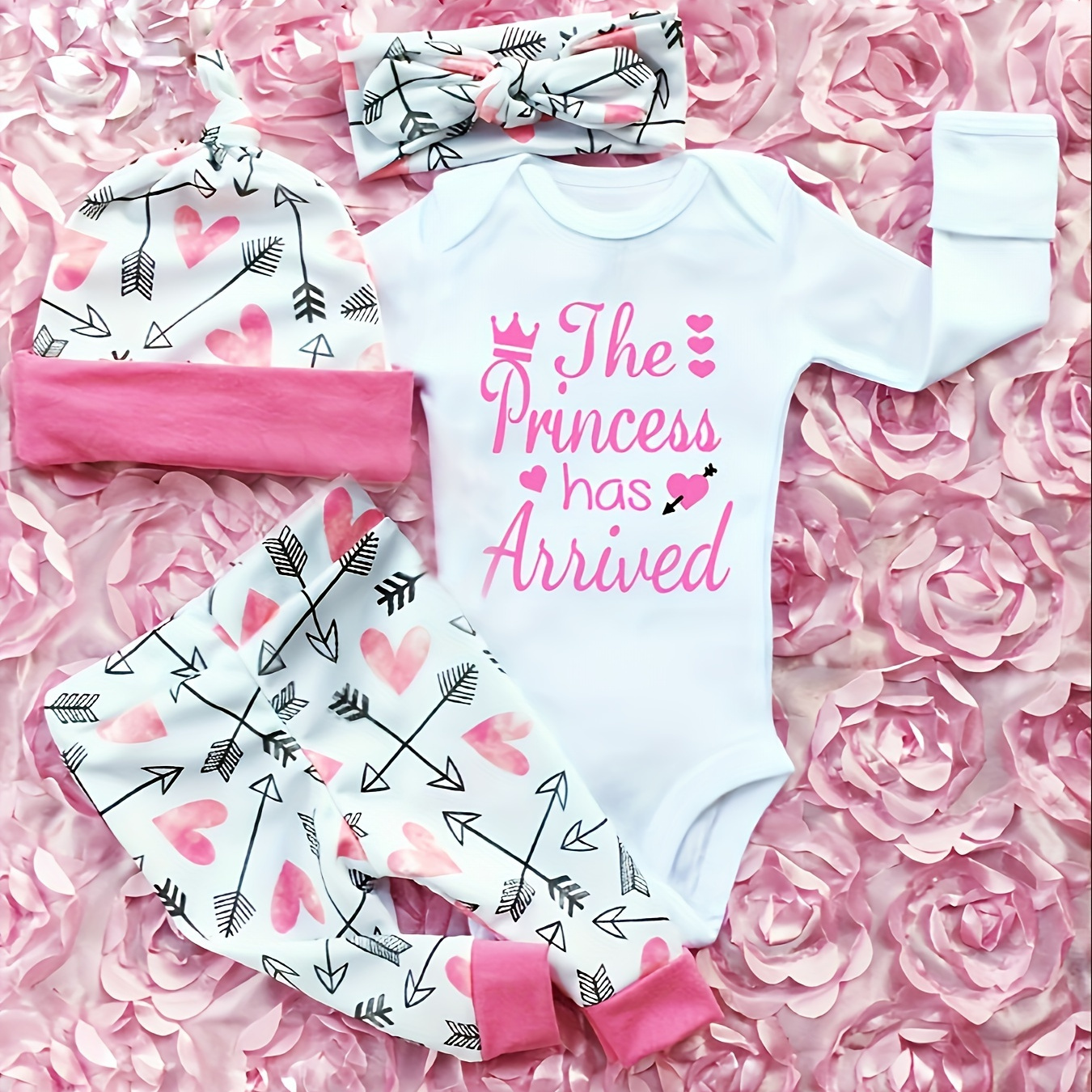 

Baby Girl's Hearts & Arrow Print 4pcs Outfit Set Letter Print Long Sleeve Romper Bodysuit + Allover Pants + Headband + Hat Set