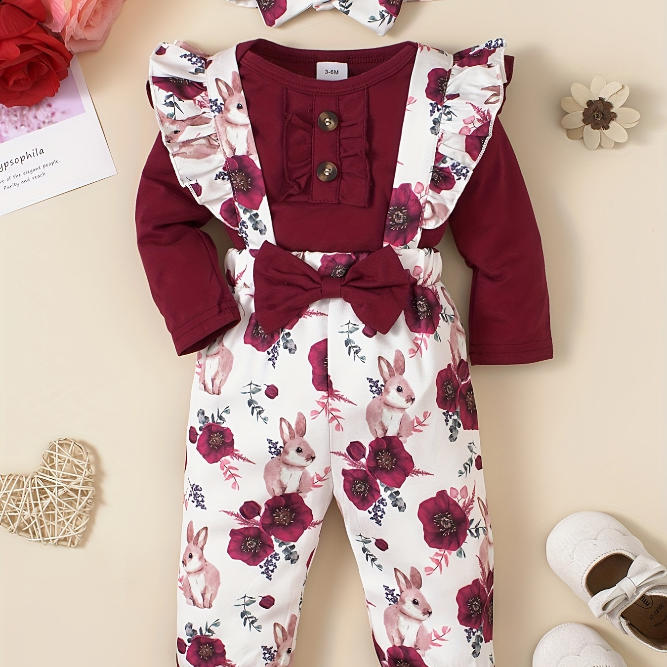 

Cute Baby Comfortable Long Sleeve Romper + Floral All-match Suspender Trousers Set