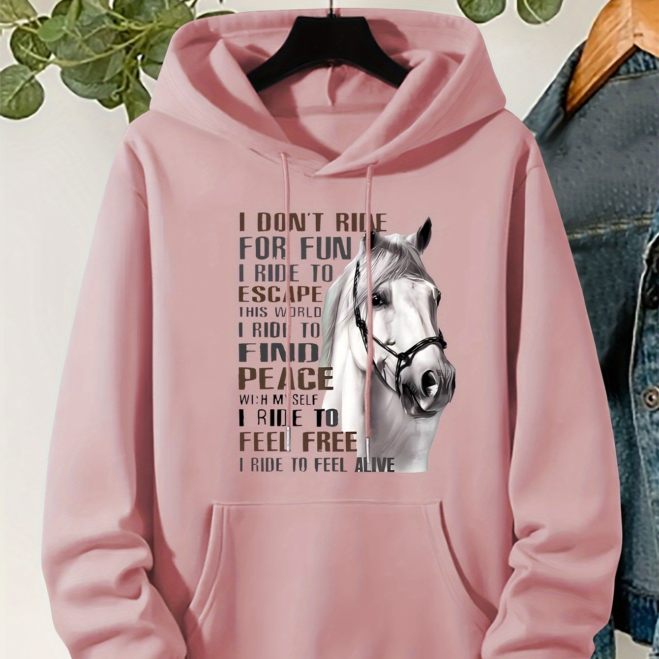 

Plus Size Horse Print Kangaroo Pocket Hoodie, Casual Long Sleeve Drawstring Hoodies Sweatshirt For Spring & Fall, Women's Plus Size Clothing