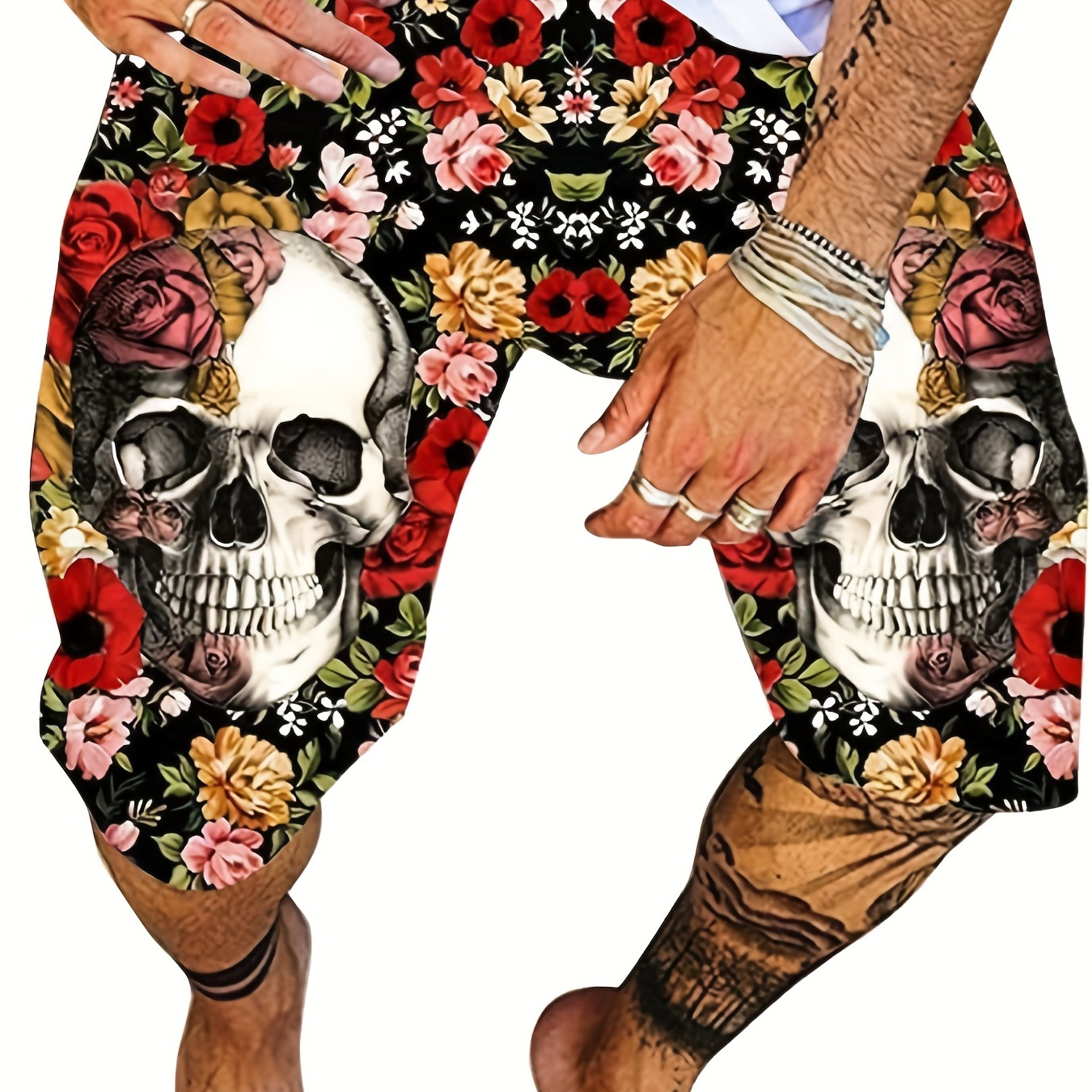 Funky Skull Print Beach Shorts, Quick-drying Drawstring Swim Trunks, Swim Shorts For Summer Beach Pool, Men's Swimwear Plus Size