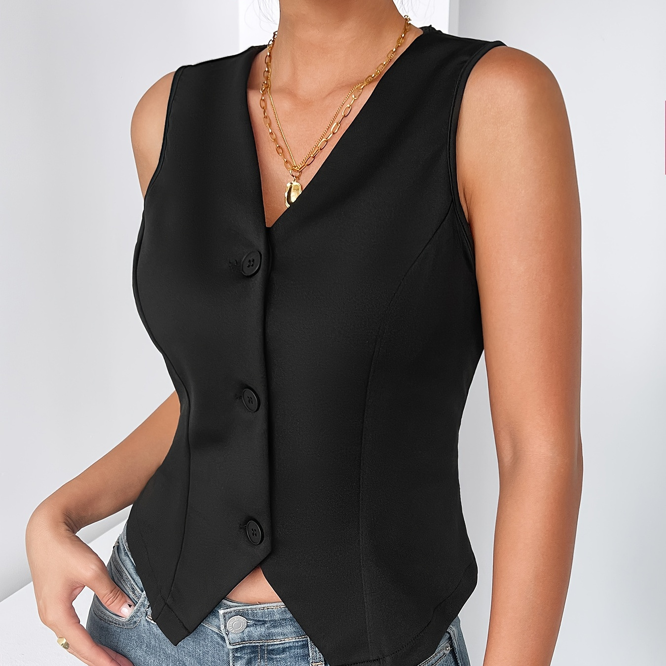 

Single-breasted V Neck Blazer Vest, Elegant Slim-fit Solid Color Sleeveless Blazer, Women's Clothing