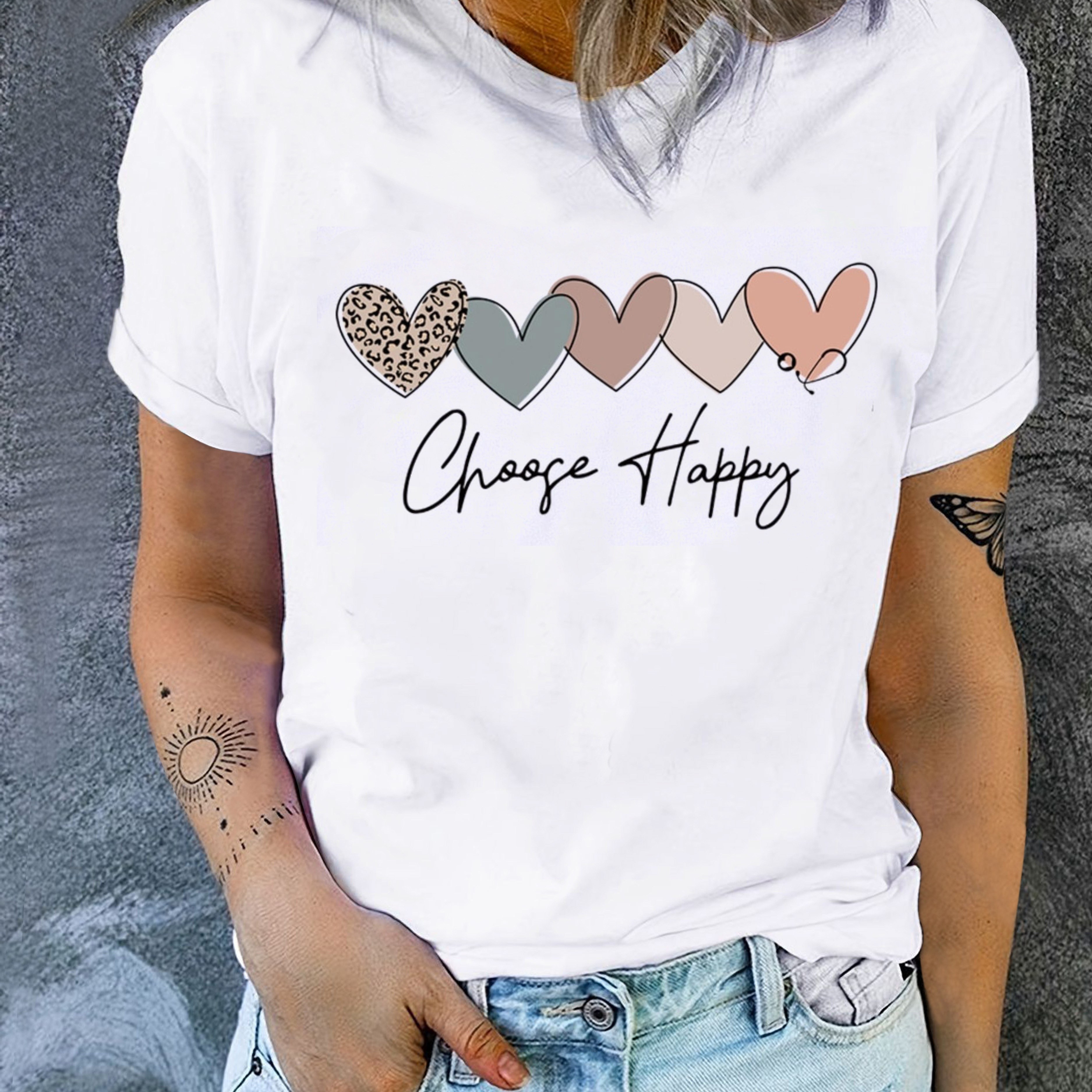 

Heart & Happy Slogan Print T-shirt, Cute Short Sleeve Crew Neck Top, Women's Clothing, Valentine's Day