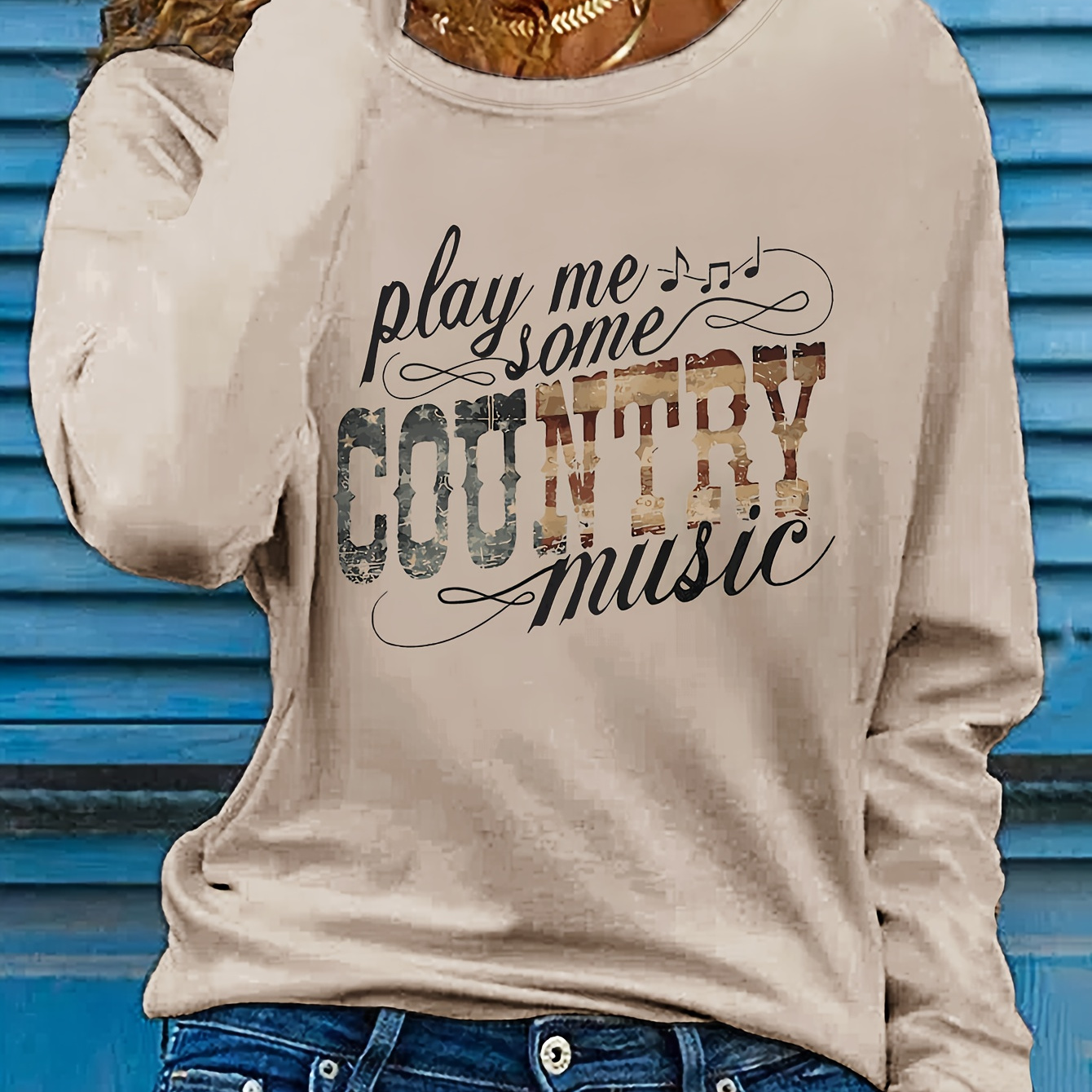 

Women's Long Sleeve Crew Neck T-shirt With " Country Music" Letter Print, Casual Polyester Knit Top For Fall, Applique Detail, 100% Polyester, 180gsm - Regular Length