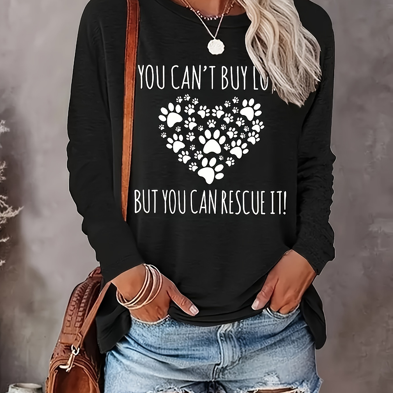 

Paw & Letter Print Crew Neck T-shirt, Casual Long Sleeve T-shirt For Spring & Fall, Women's Clothing