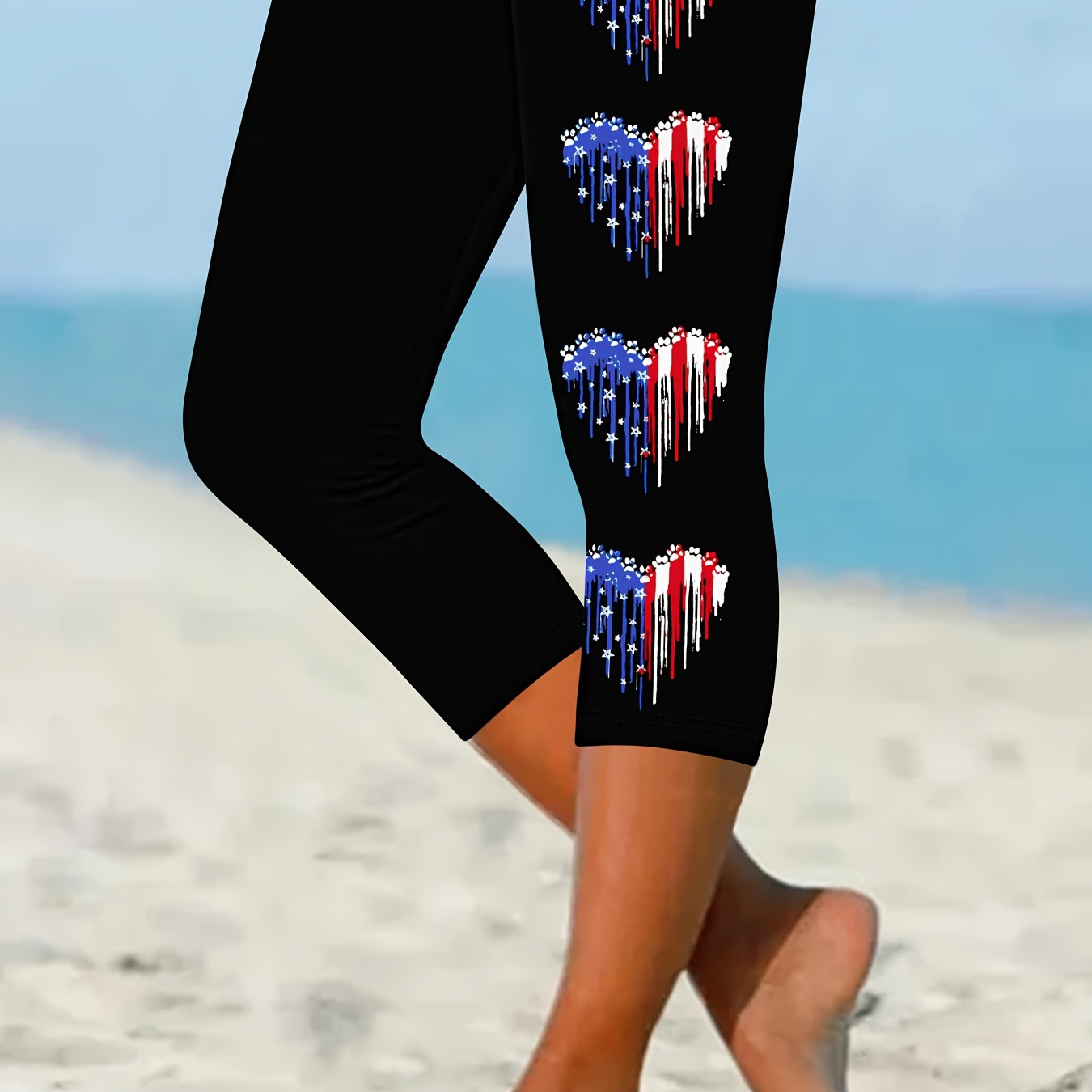 

Flag Heart Print Skinny Cropped Leggings, Casual Every Day Stretchy Cropped Leggings, Women's Clothing