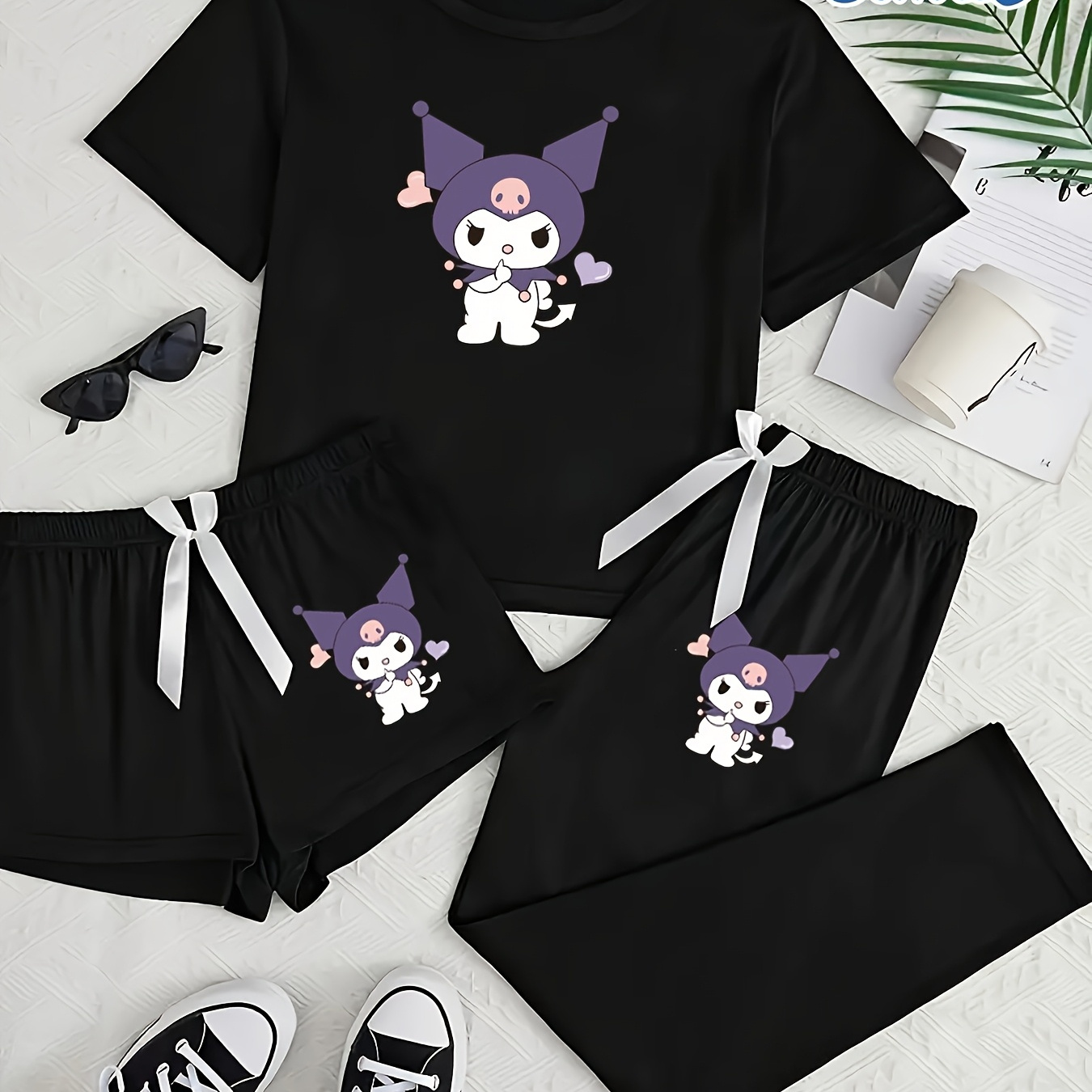 

Sanrio Cool Lomi Pajama Set Piece Set With Round Neck, Short Sleeves, Shorts And Long Pants, Cartoon Print, Comfortable And Warm