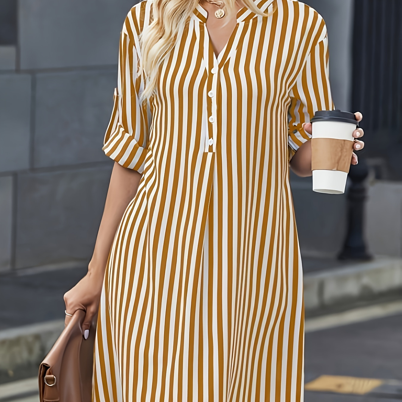 

Striped Print Notched Neck Dress, Elegant Long Sleeve Button Front Dress For Spring & Fall, Women's Clothing