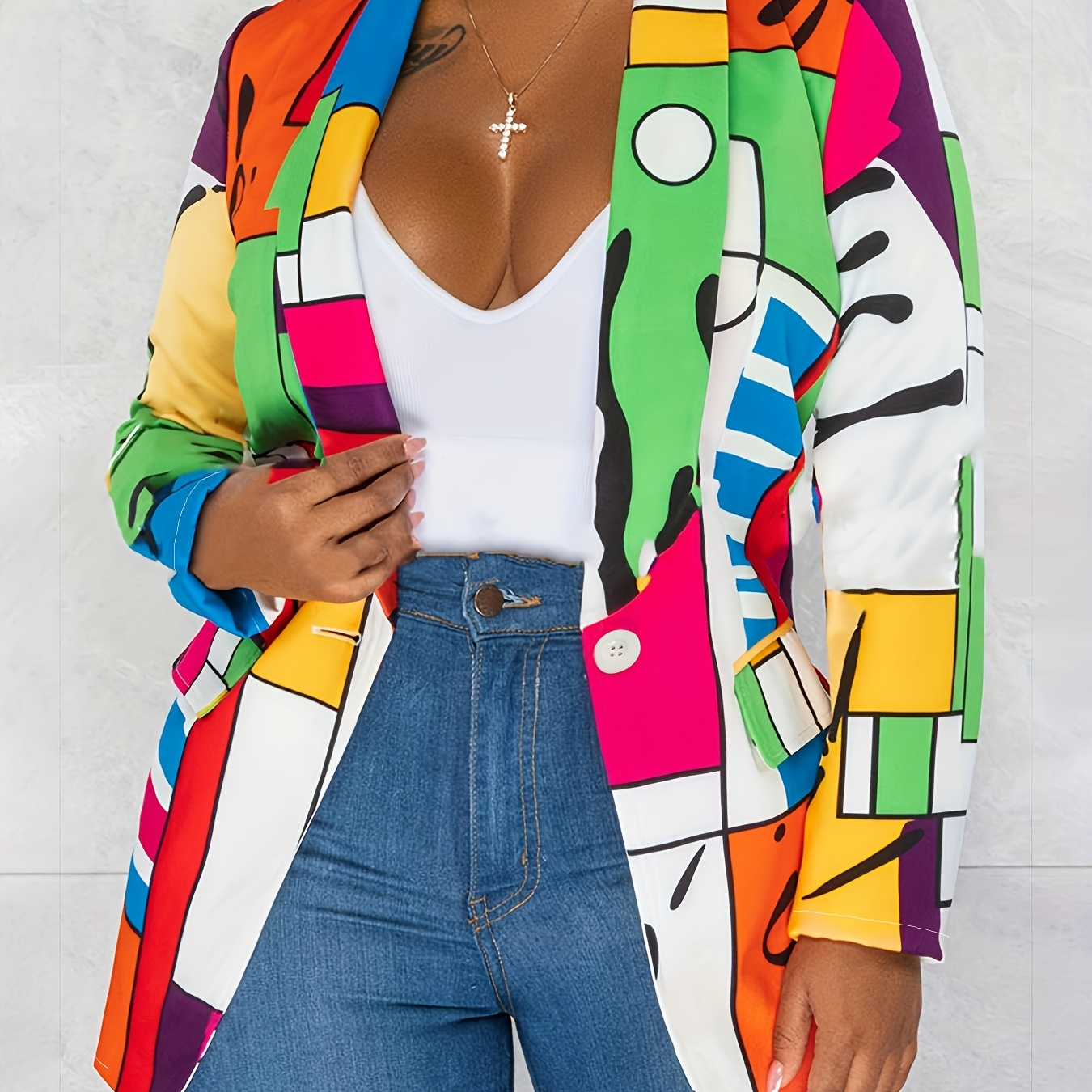 Plus Size Casual Coat, Women's Plus Colorful Abstract Print Long Sleeve Lapel Collar Suit